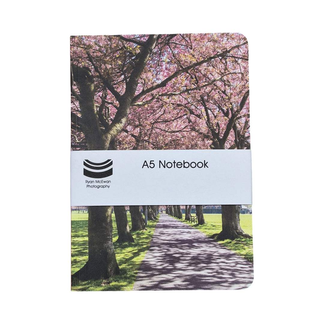 A5 notebook with cherry blossom design on a white background