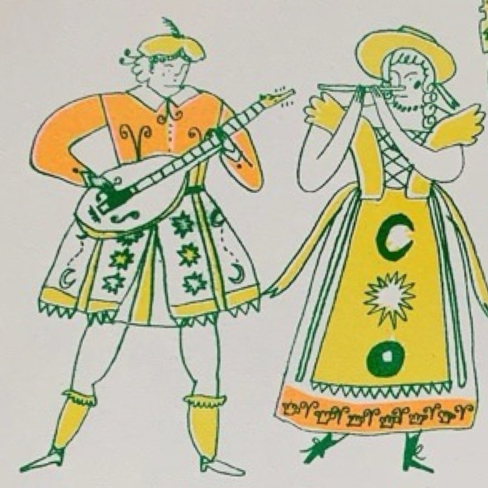 print featuring an illustration of a medieval folk band including a harpist, a flute player and a mandolin player, the musicians are dressed in amazing orange, green and yellow costumes.