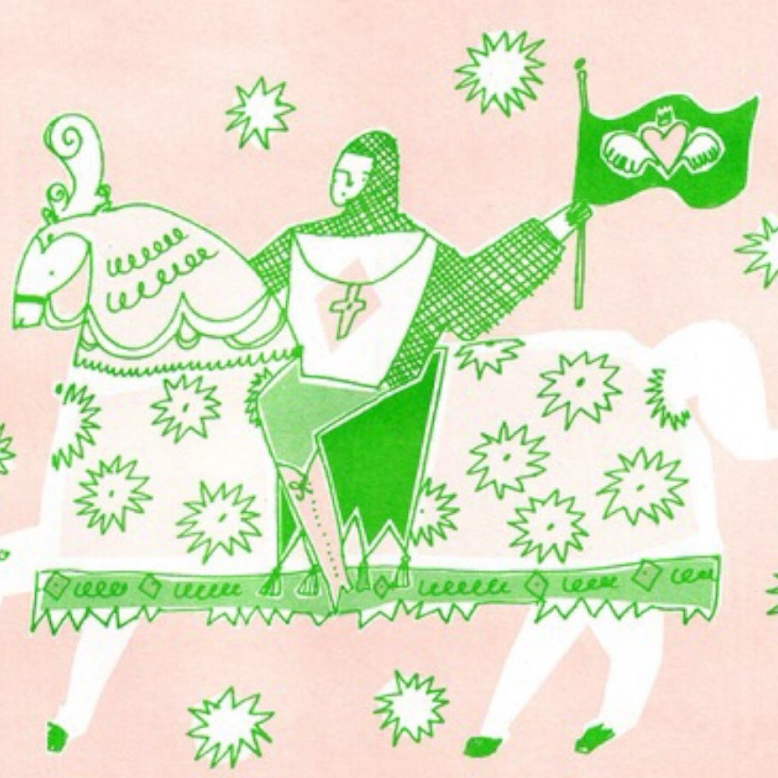 This print features an illustration of a medieval knight riding his horse, in green and white against a pale pink background.