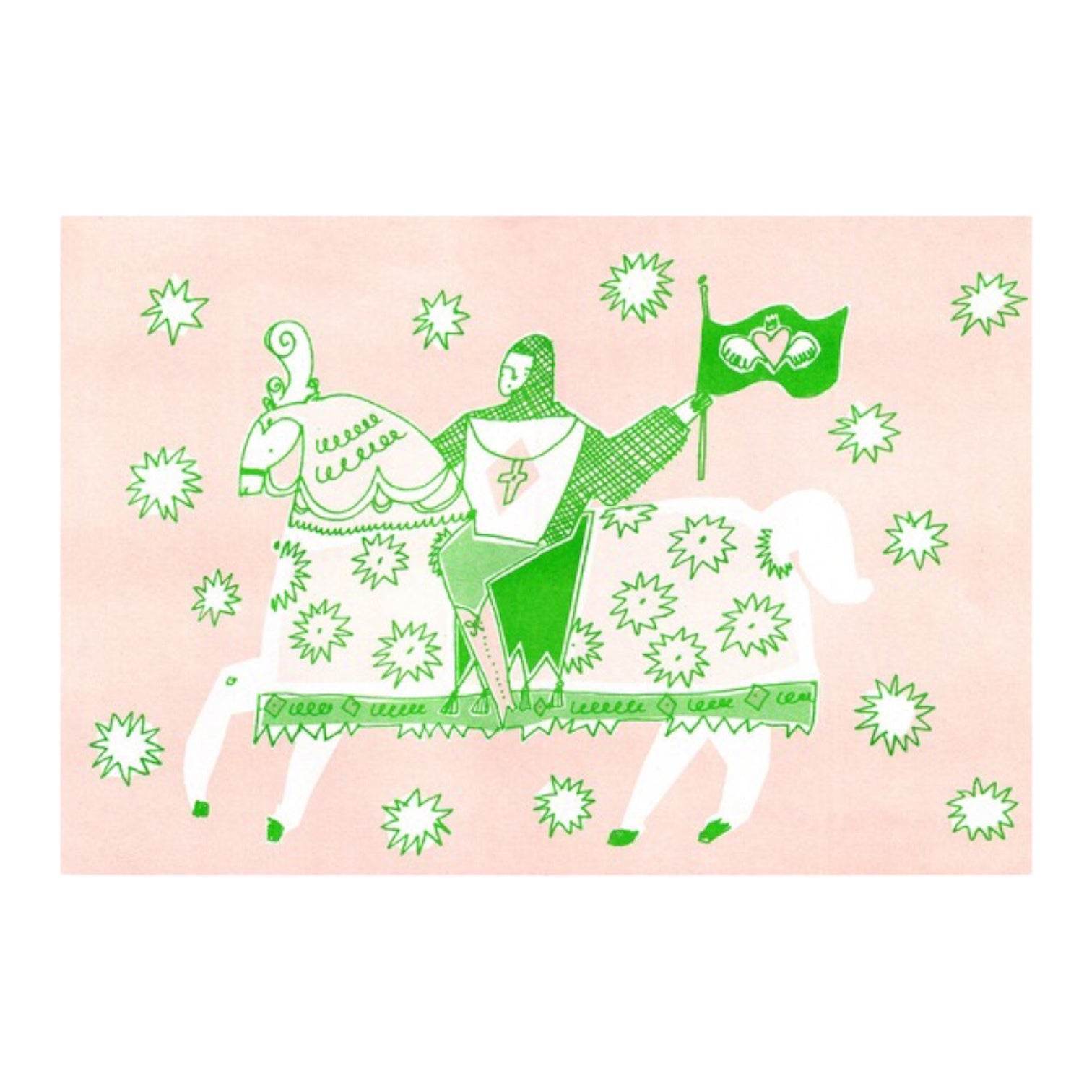 This print features an illustration of a medieval knight riding his horse, in green and white against a pale pink background.