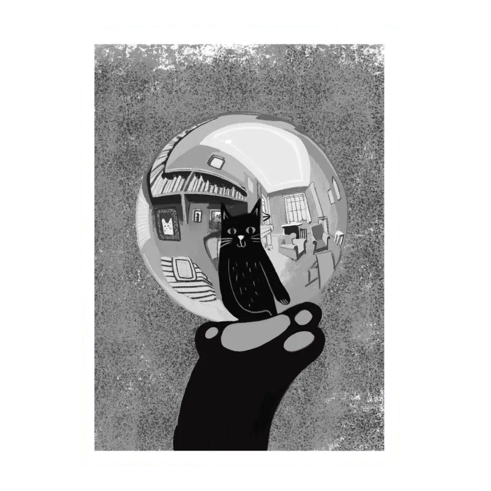 Cat print featuring an illustration of the reflection of a black cat in a glass ball being held by a cat's paw in the style of the artist M C Escher. 
