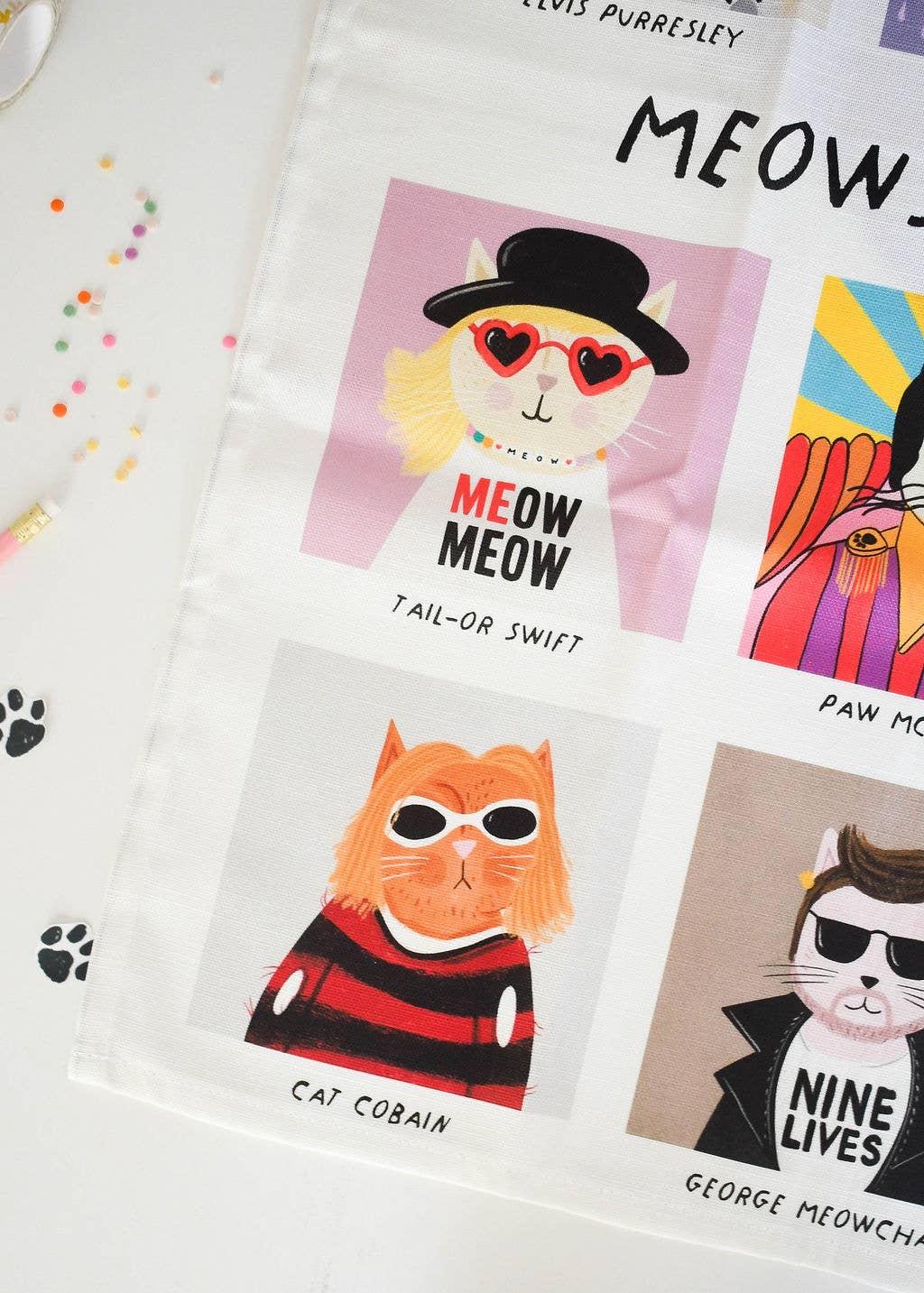 Set of cat-themed cards with various designs and text on a white background.