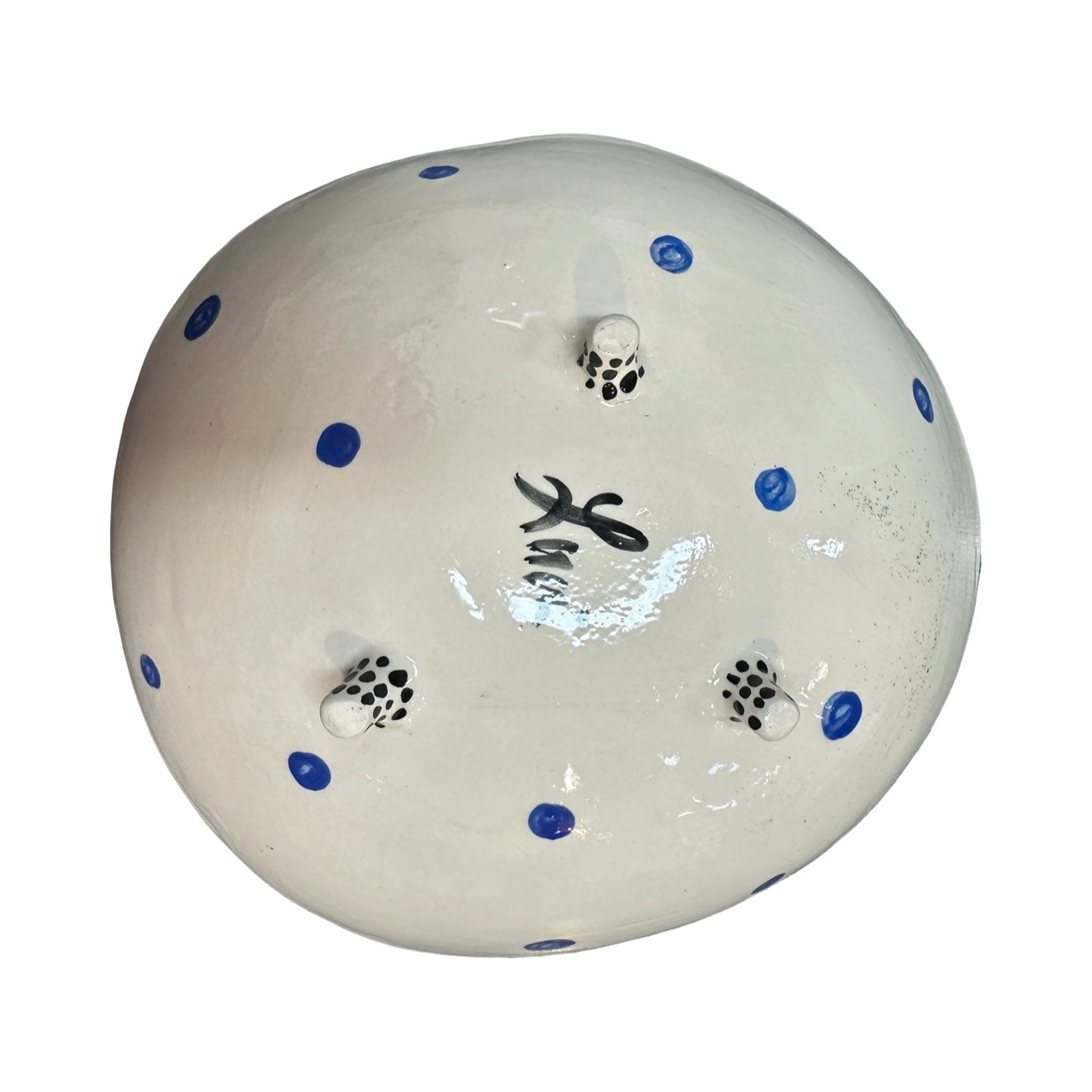 Round ceramic bowl with blue polka dots.