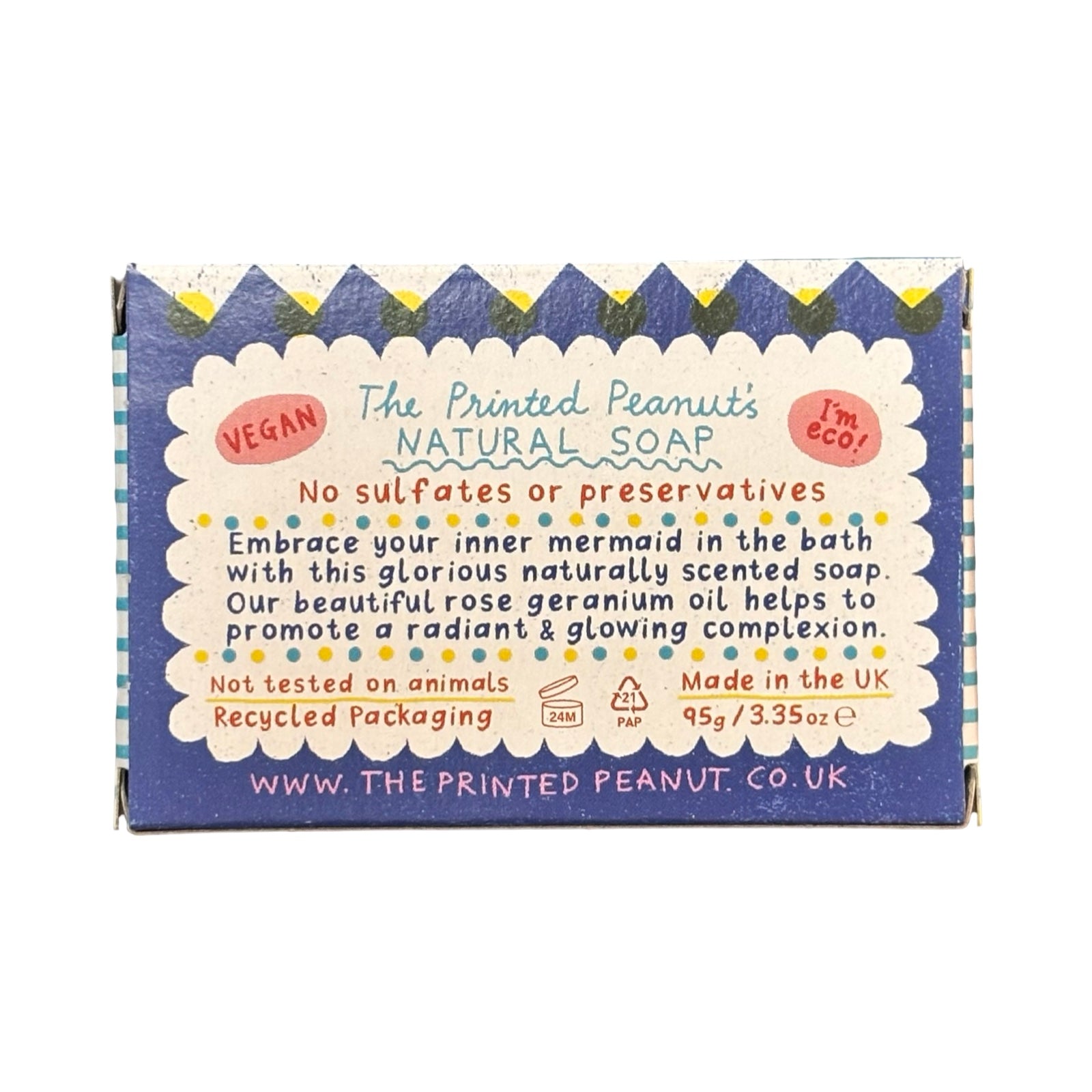 Box of natural soap with branding and product details on a white background.