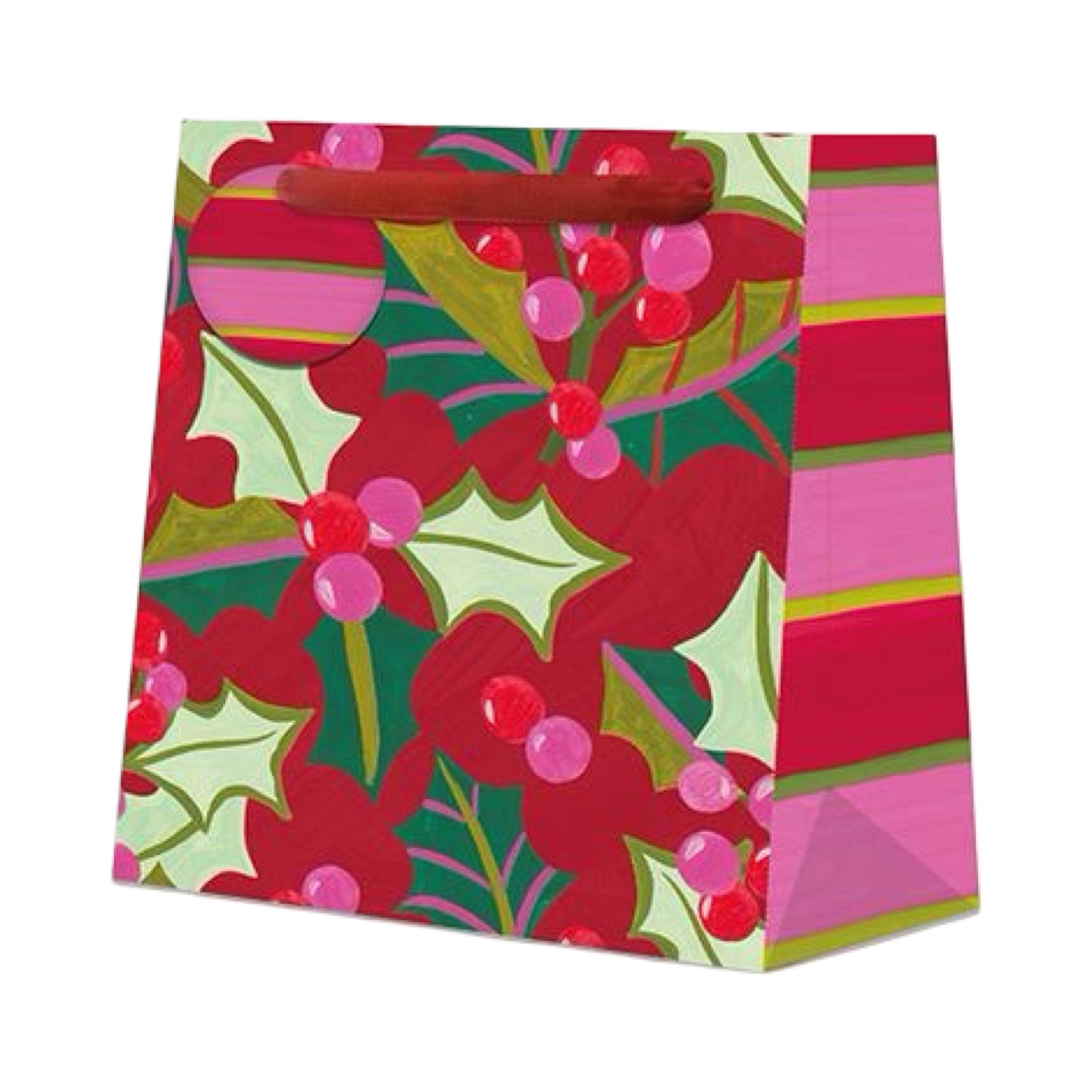 Christmas gift bag featuring bunches of red and green holly against a red background with pink and red striped ends. Each bag comes with red ribbon handles and a matching stripy gift tag.