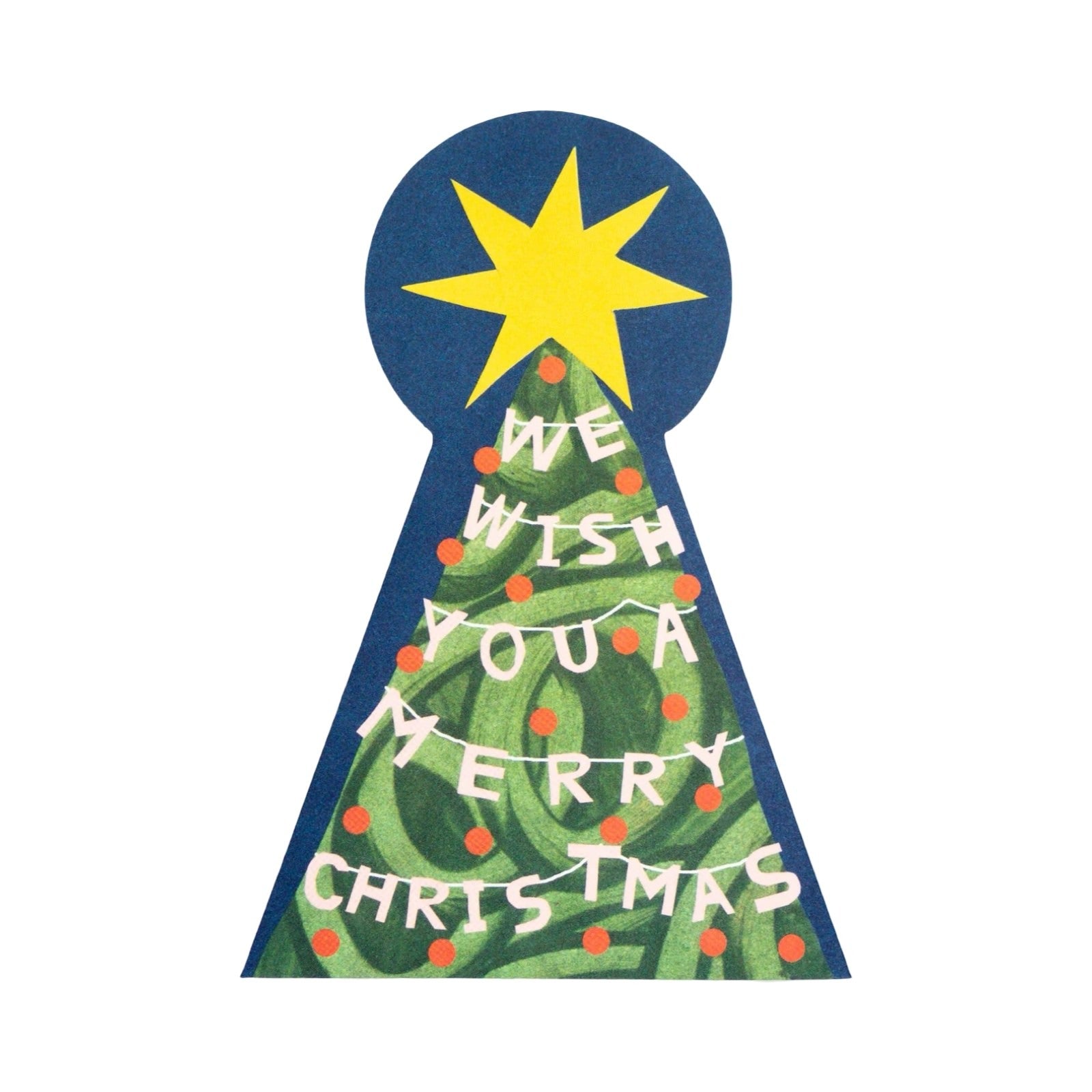Christmas tree-shaped card featuring a Christmas tree with red baubles and a giant gold star and the text 'We Wish You A Merry Christmas' strung around the tree