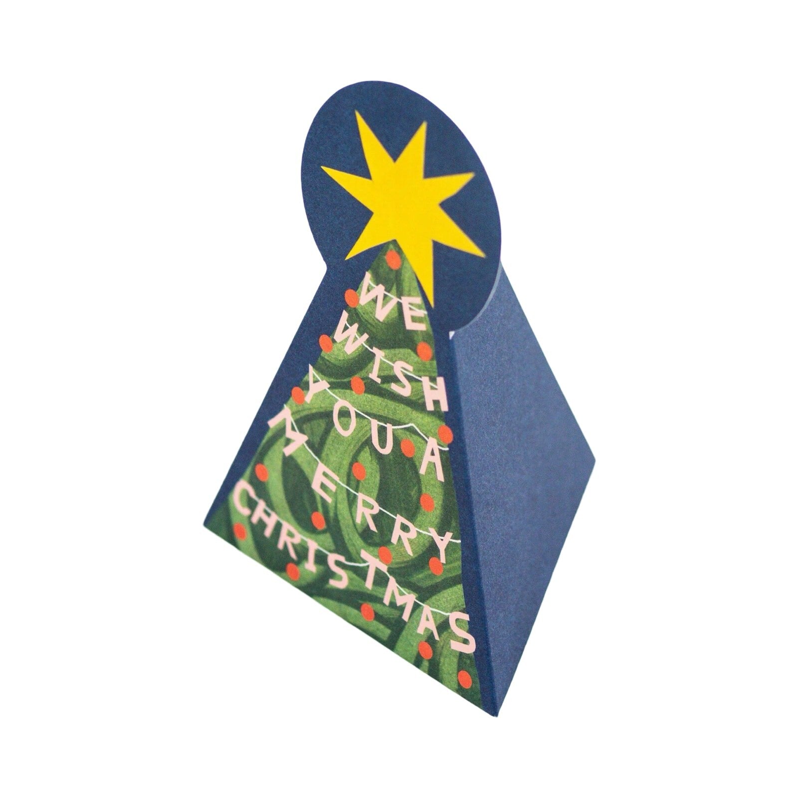 Christmas tree-shaped 3D card featuring a Christmas tree with red baubles and a giant gold star and the text 'We Wish You A Merry Christmas' strung around the tree
