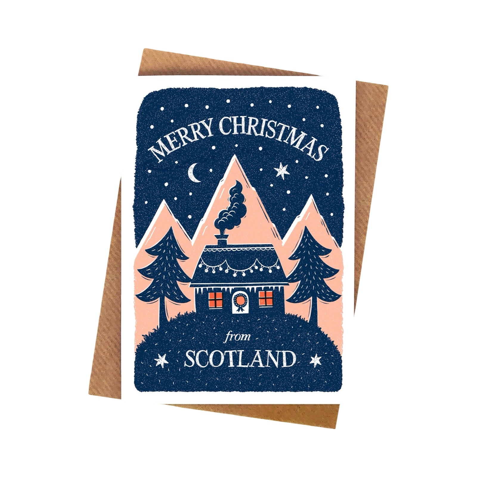 Christmas card with a Scottish theme featuring a house, trees, and mountains on a blue background.