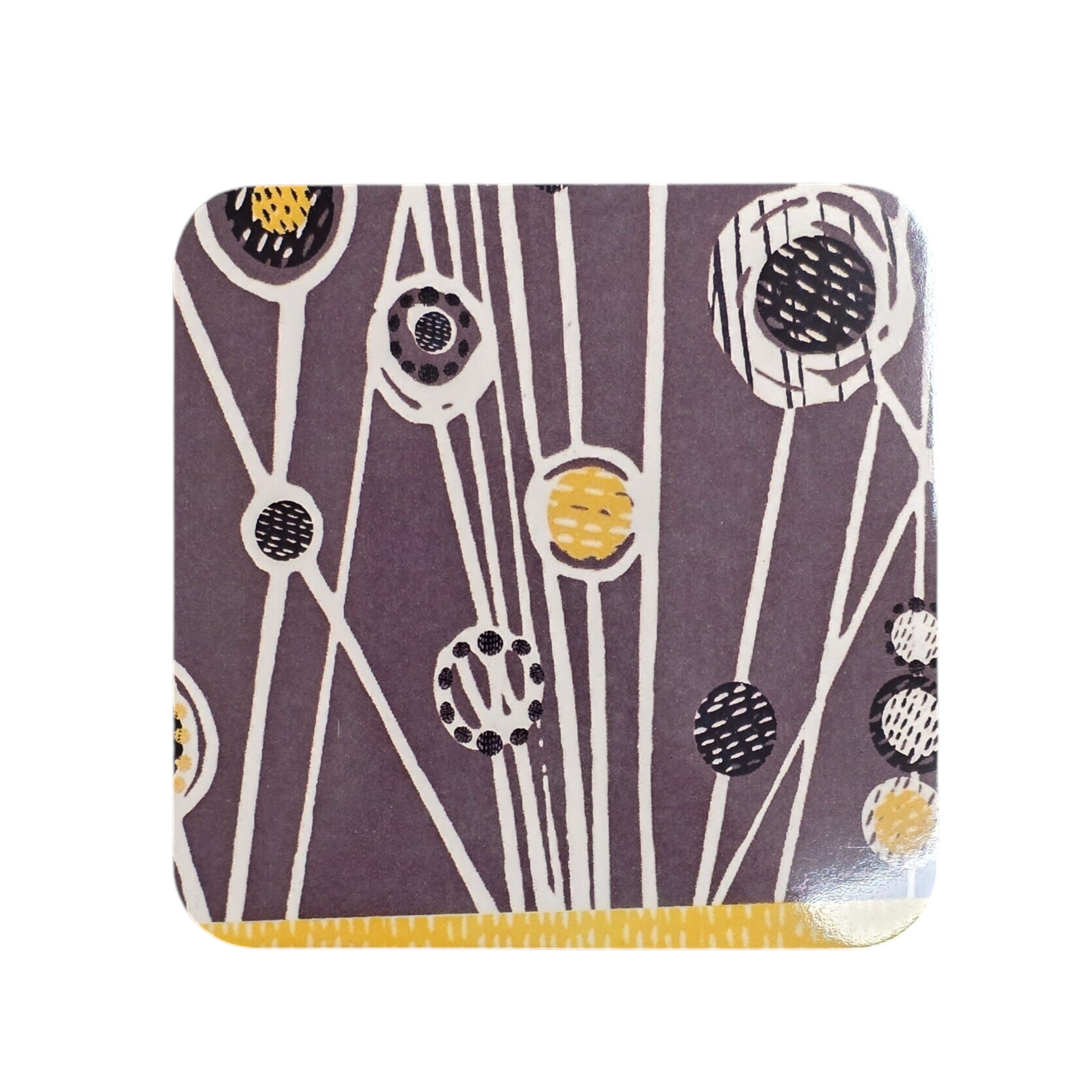 An image of a coaster with a grey background and an abstract design. 