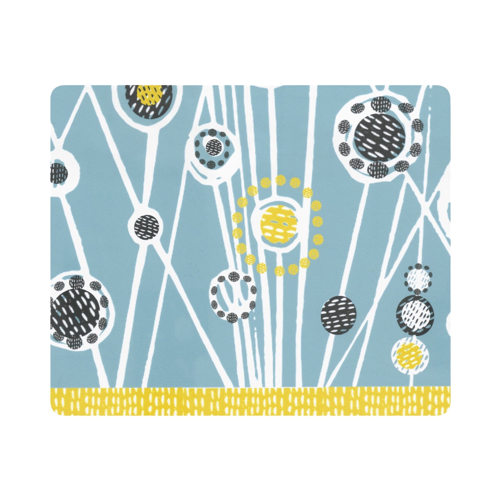 A rectangular placemat with a cornflower blue midcentury meadow design.