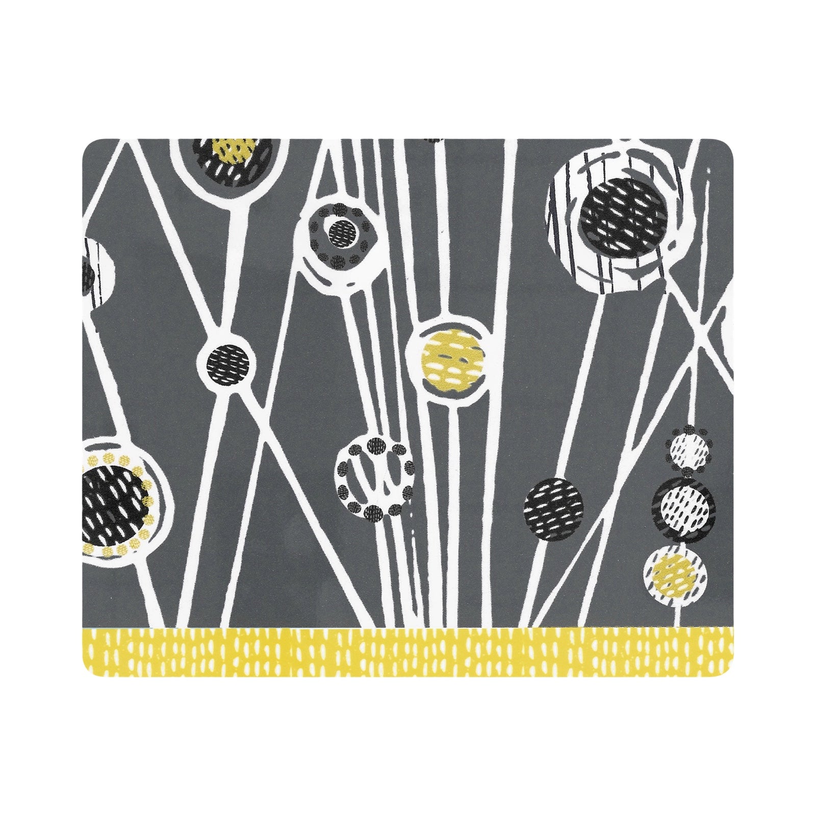 A rectangular placemat with a grey midcentury meadow design.