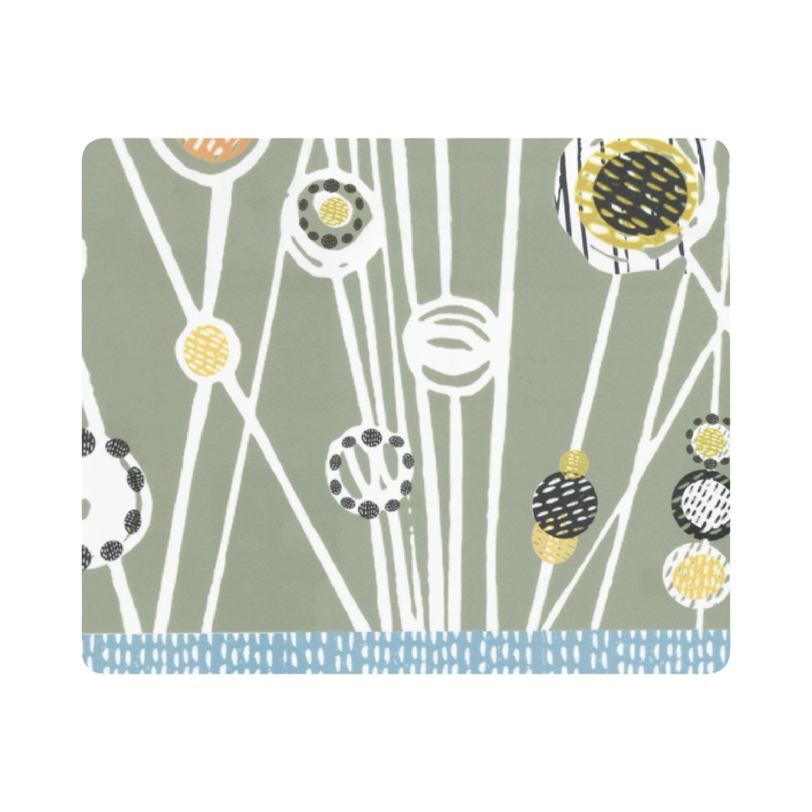 A rectangular placemat with a sage green midcentury meadow design.