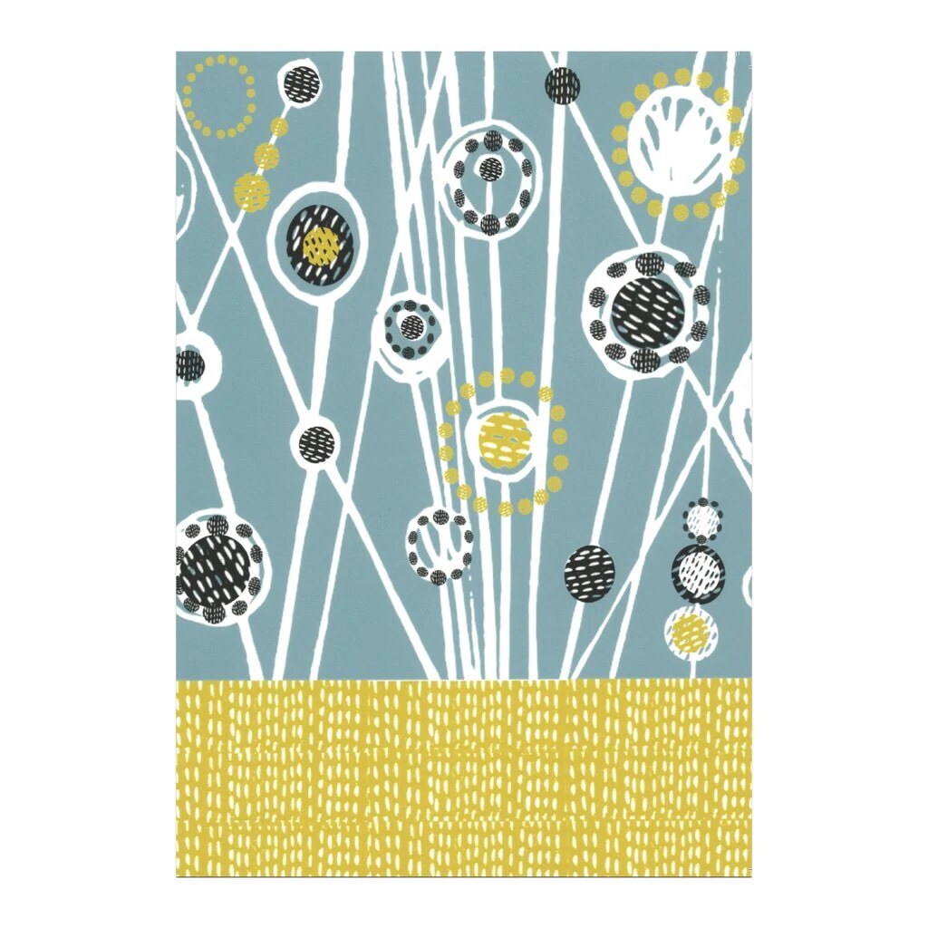 Print of an abstract design of a wildflower meadow, available in light blue with a mustard base.