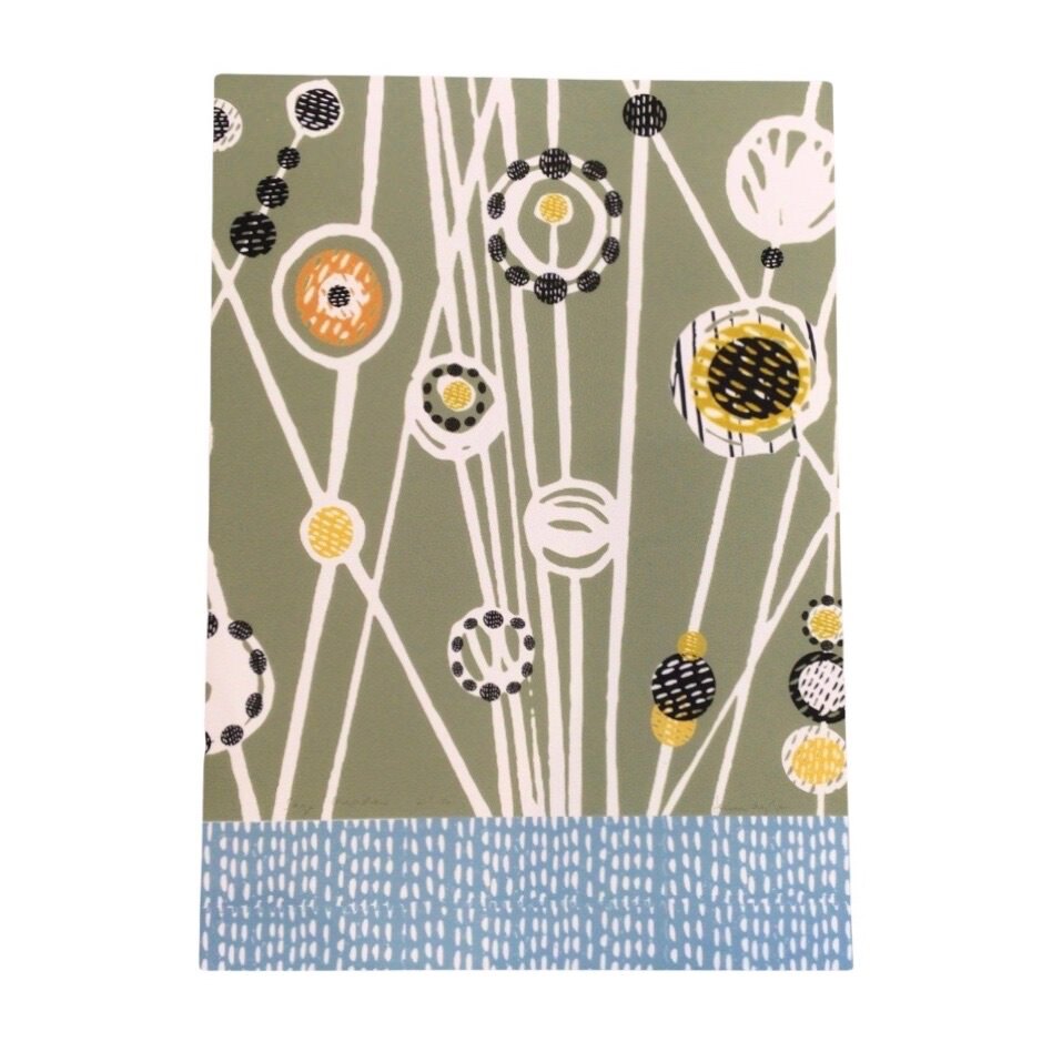 Print of an abstract design of a wildflower meadow in sage green with a blue base.
