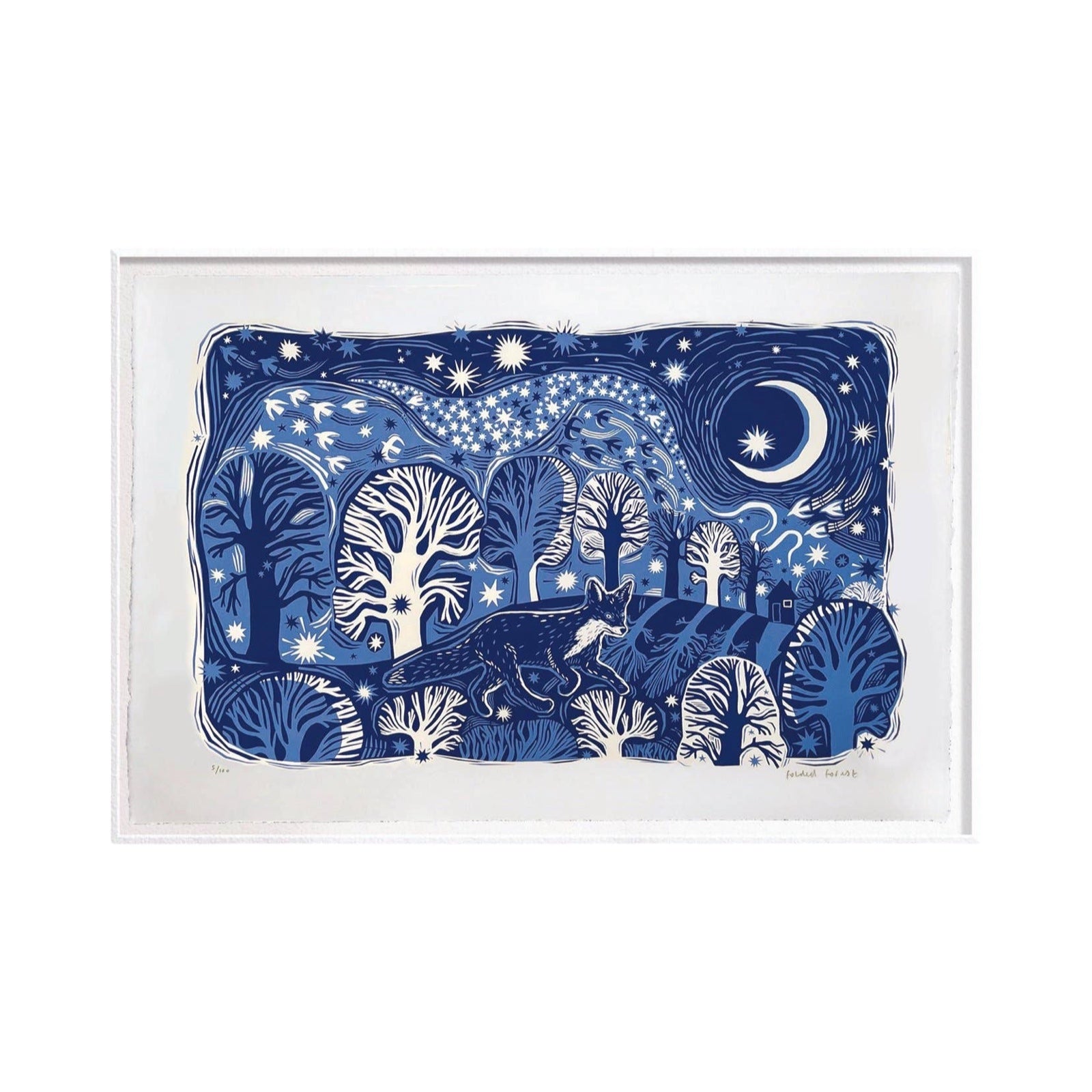 This midnight fox screen print is printed in two shades of blue. It features a fox creeping through a forest with the moon behind, and is printed on hand-torn, thick, satin white paper.