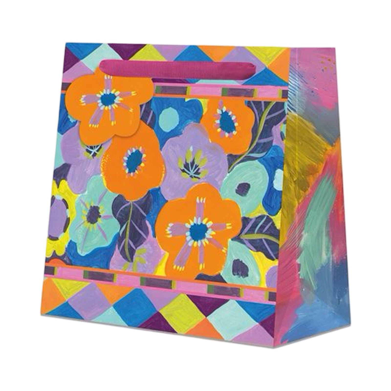 Medium-sized gift bag featuring a band of colourful flowers between a multicoloured diamond pattern with colourful abstract sides, a deep pink ribbon handle and a matching gift tag.