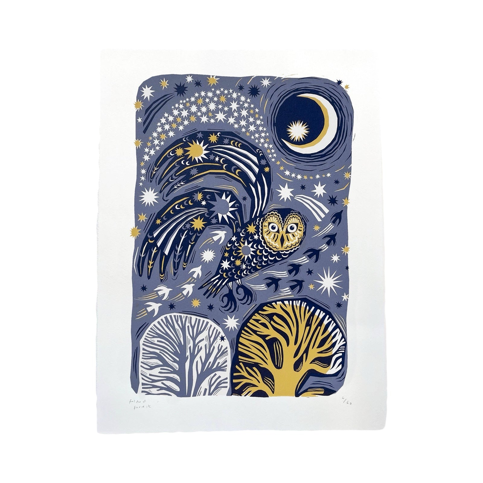 This midnight owl screen print is printed in midnight green and mustard. It features an owl flying over a forest with the moon above and is printed on hand-torn, thick, satin white paper. 