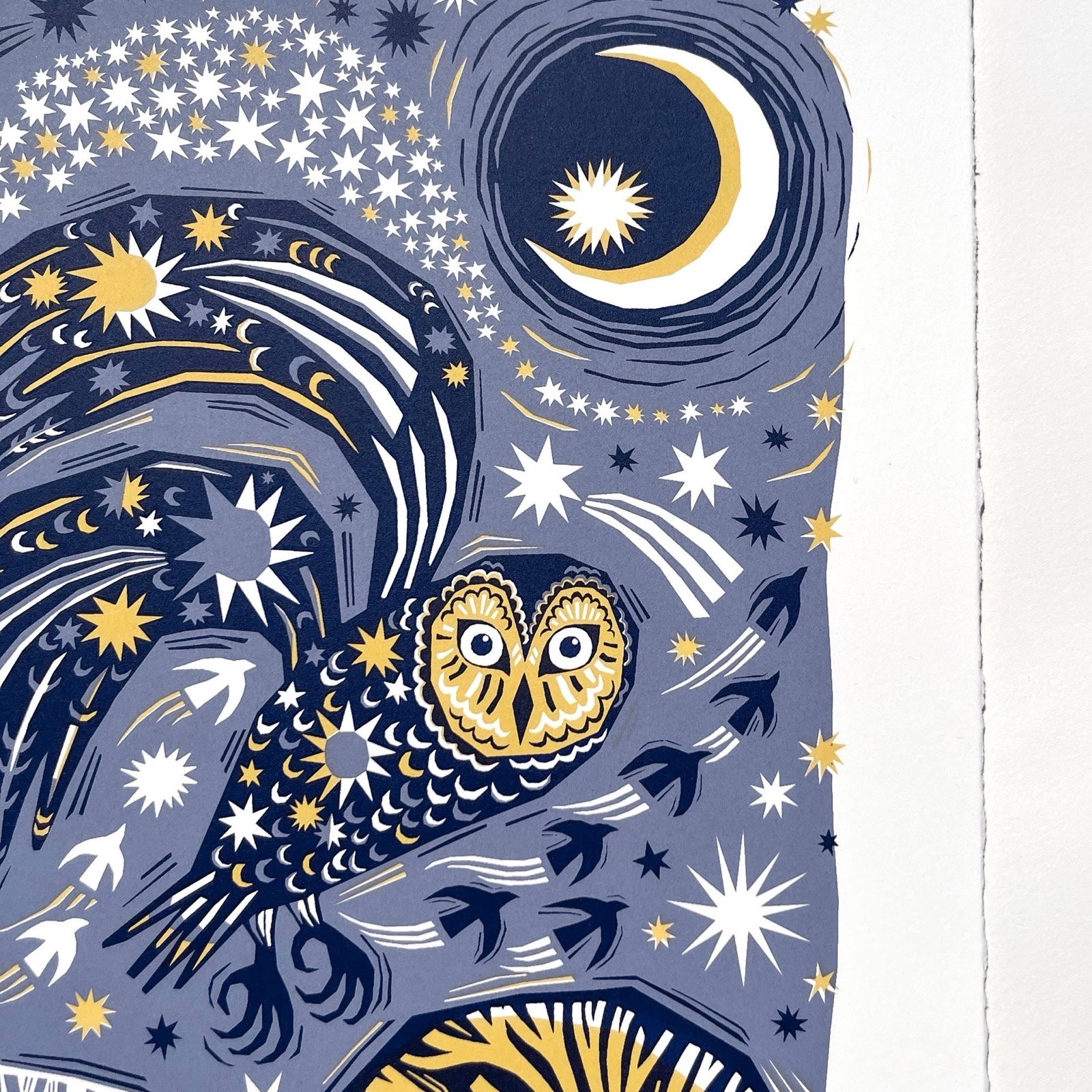 This midnight owl screen print is printed in midnight green and mustard. It features an owl flying over a forest with the moon above and is printed on hand-torn, thick, satin white paper. 