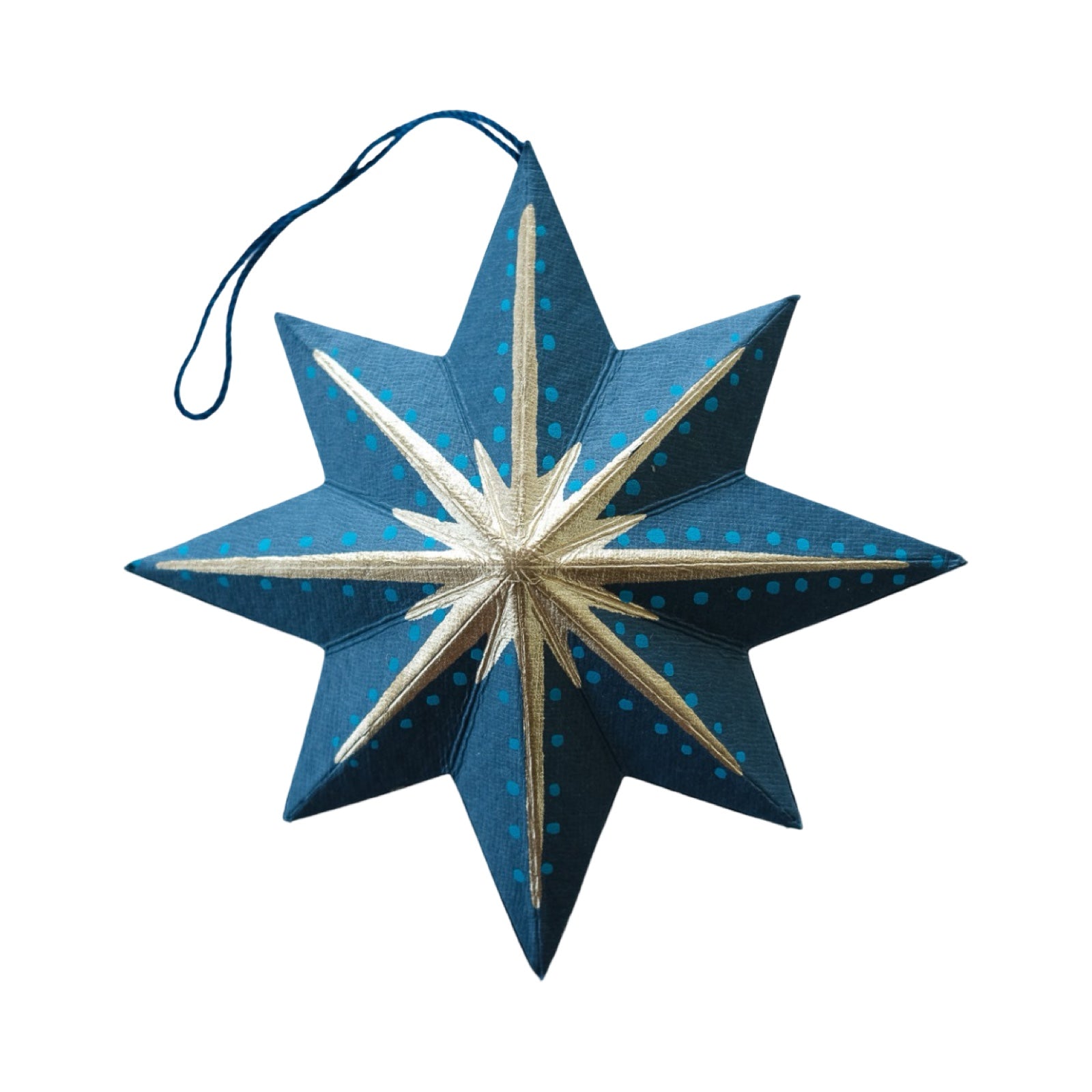 This festive navy, gold and teal star decoration has a matching 10cm cotton loop for hanging. Each star decoration is made from 100% recycled paper, screen-printed by hand and moulded into a durable board decoration.
