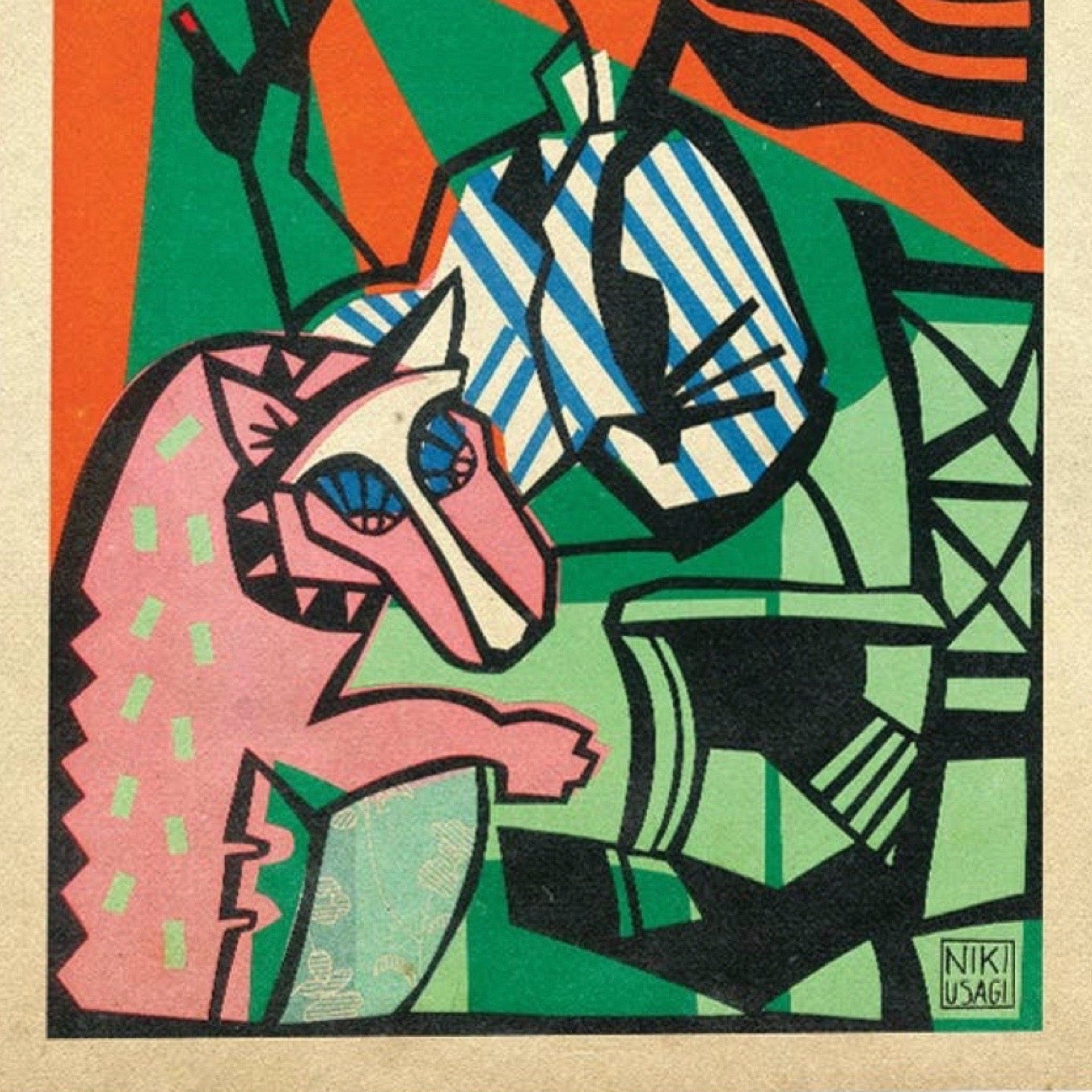 A stylised artwork showing a pink horse and a striped blue-and-white animal against a bold green, orange, black, and beige background. The signature 'NIKI USAGI' appears in the lower right corner.