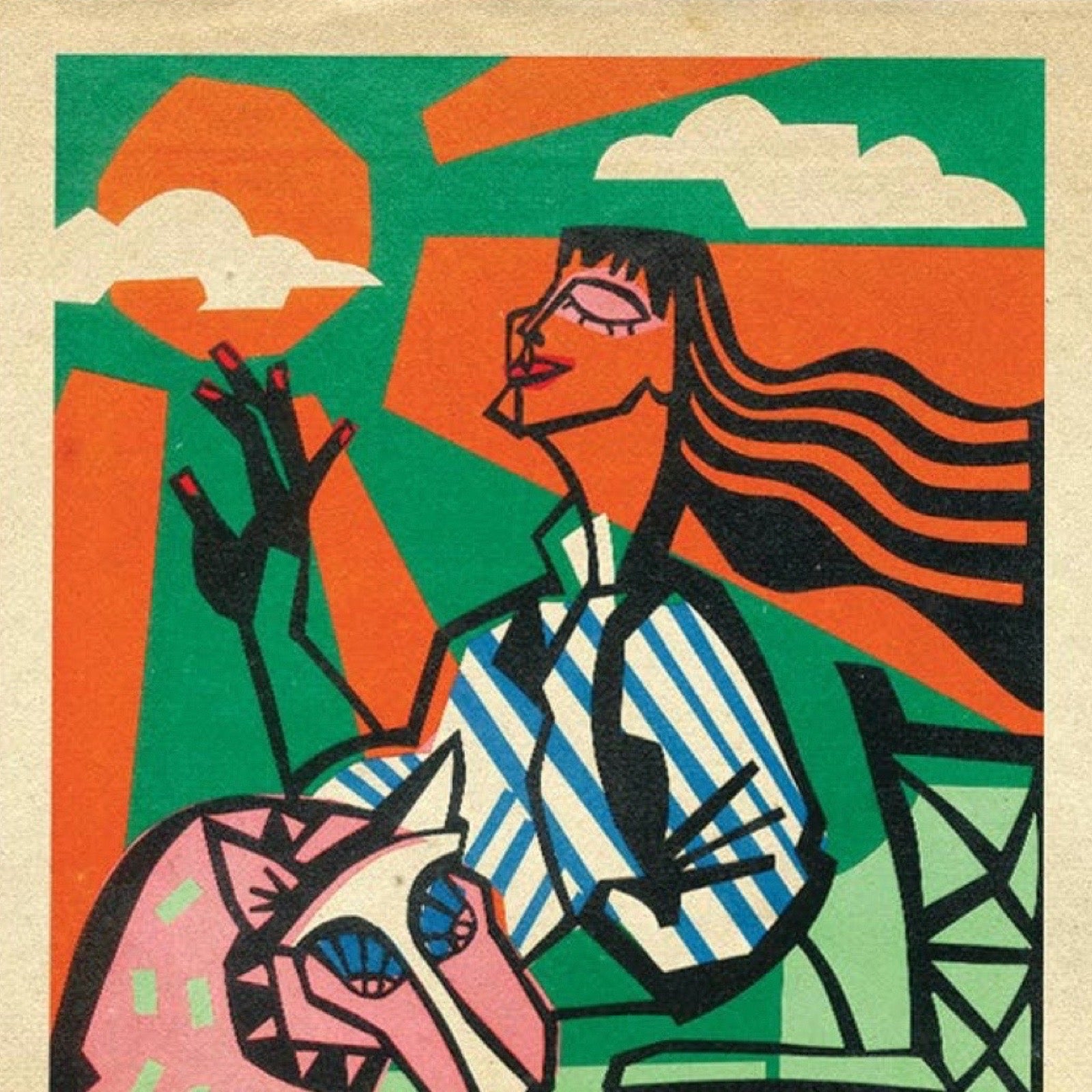 A stylized graphic art print featuring a woman in a blue and white striped shirt with a black tie, looking upward, alongside a pink animal head, set against a bold background of green, orange, and beige.