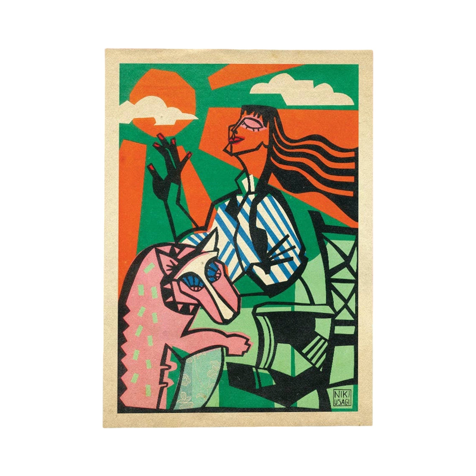 A stylized art print featuring a seated woman in a blue-and-white striped shirt beside a pink horse, rendered in bold green, orange, black, and pink tones on a cream border. The artwork is centered against a plain white background.