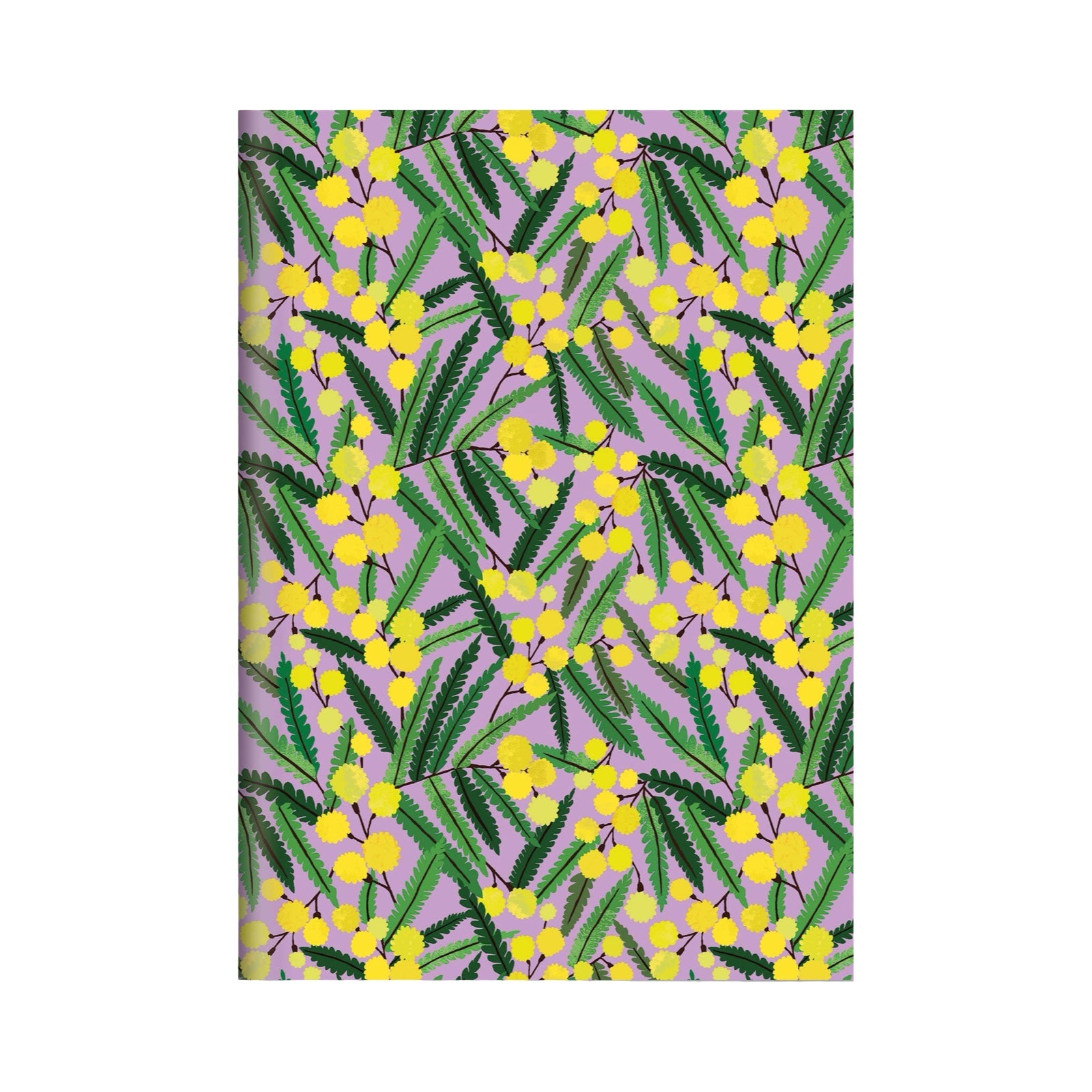 This slim notebook features an illustration of beautiful yellow mimosa flowers on the cover. 