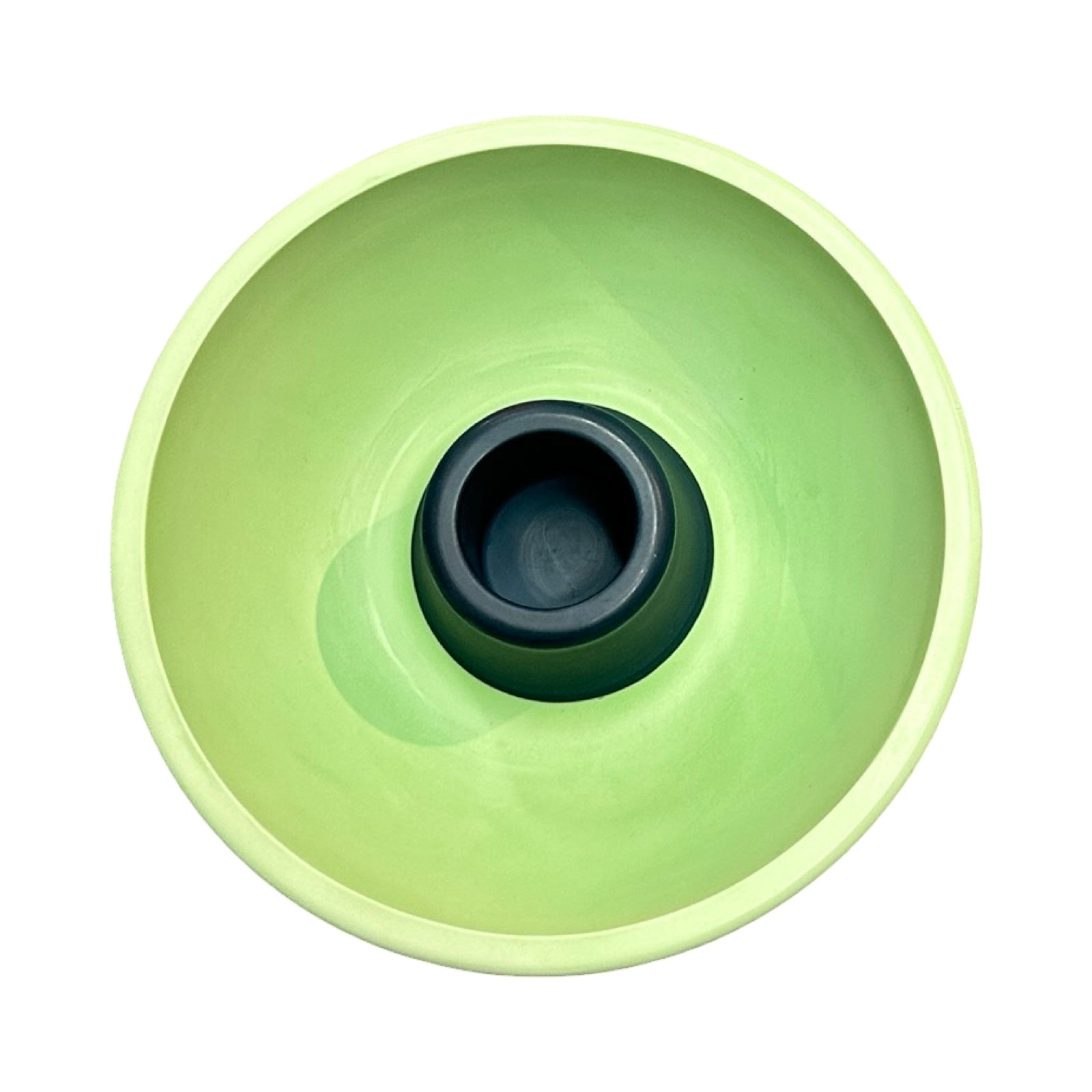 Green ceramic candle holder with a navy centre on a white background.