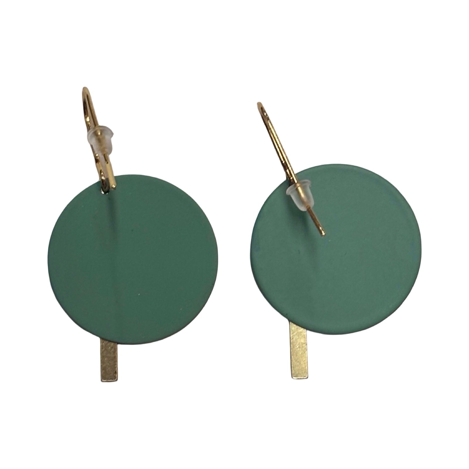 Green round earrings with gold bars on a white background.