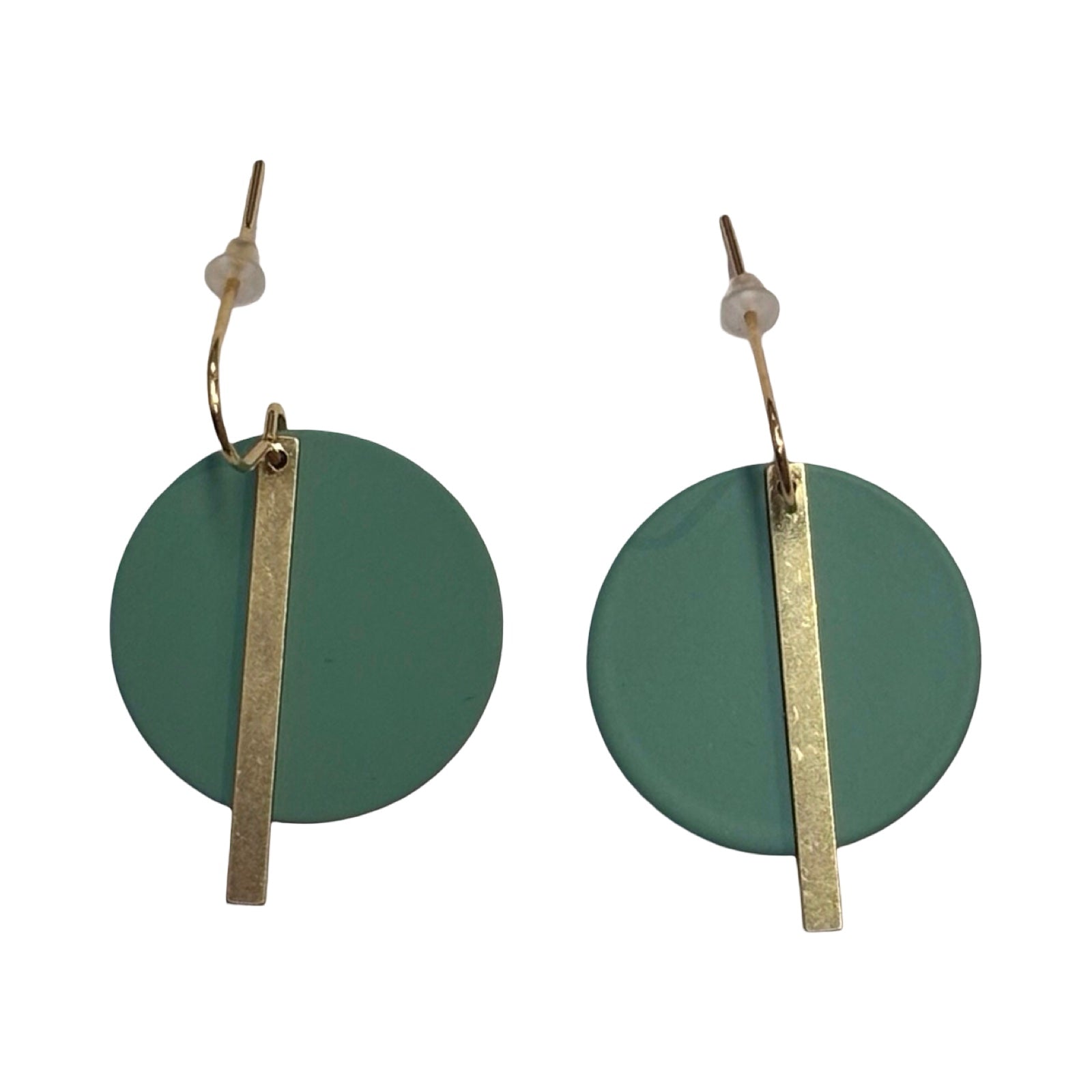 Green circular earrings with gold bars on a white background.