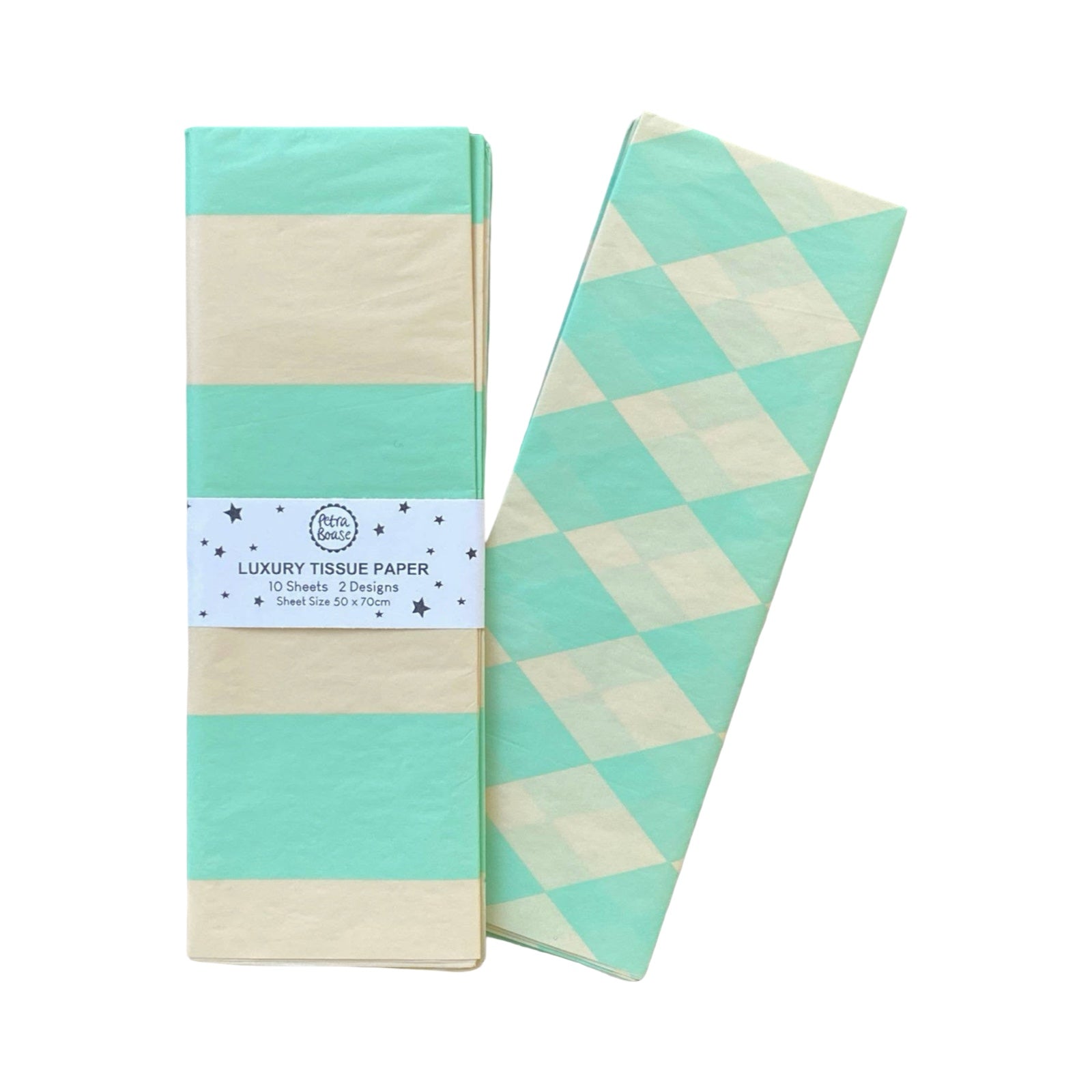 A pack of luxury tissue paper featuring mint green and cream stripes, shown with one sheet fanned out to display the diamond pattern. A paper band label wraps around the stack.