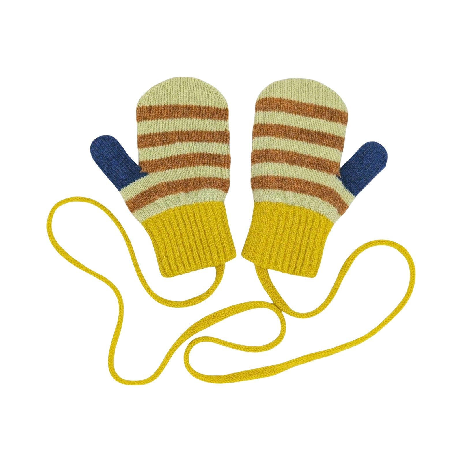 Pair of striped mittens with a yellow strap on a white background.