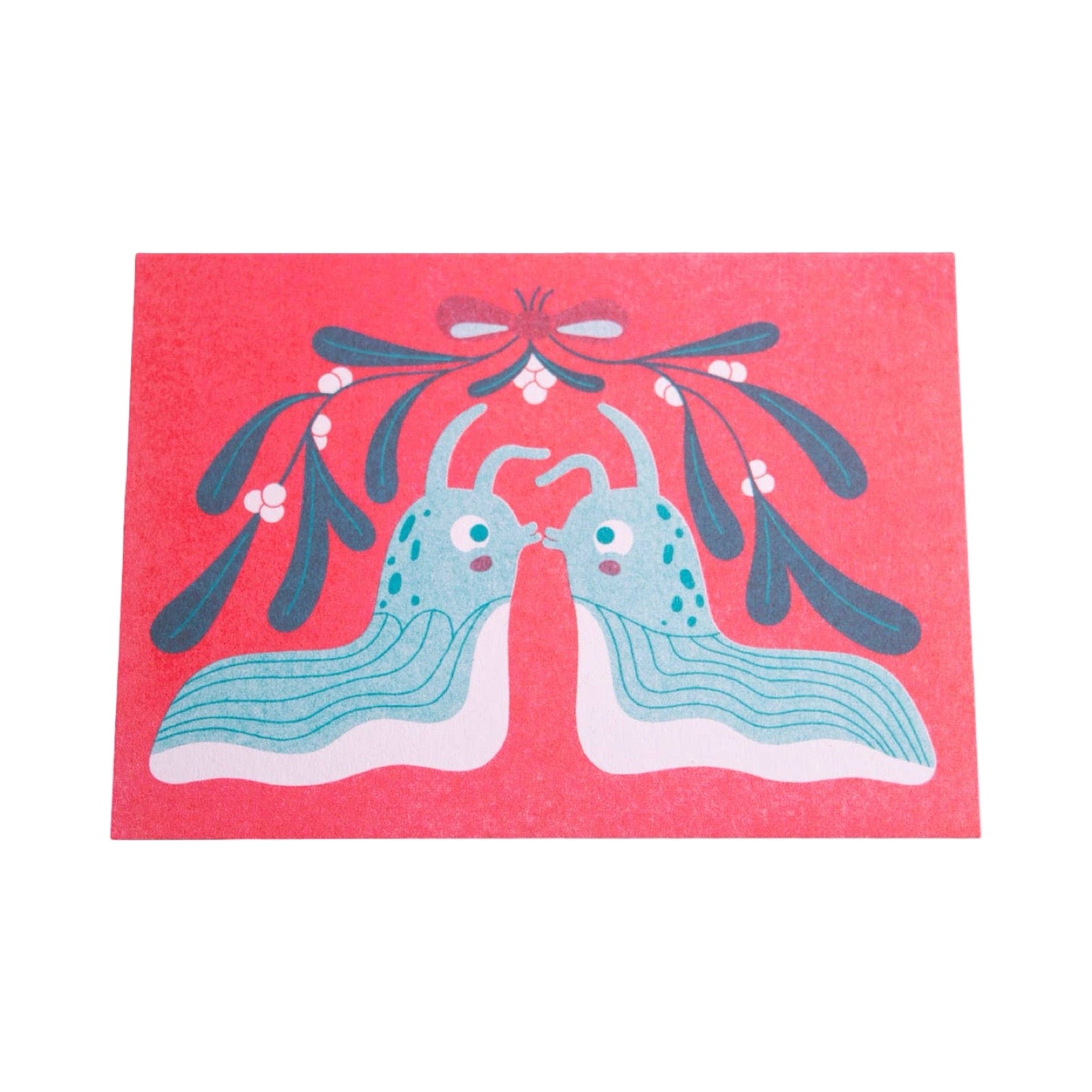 A card featuring a folk-art style illustration of two blue slugs facing each other under a red background with mistletoe above.