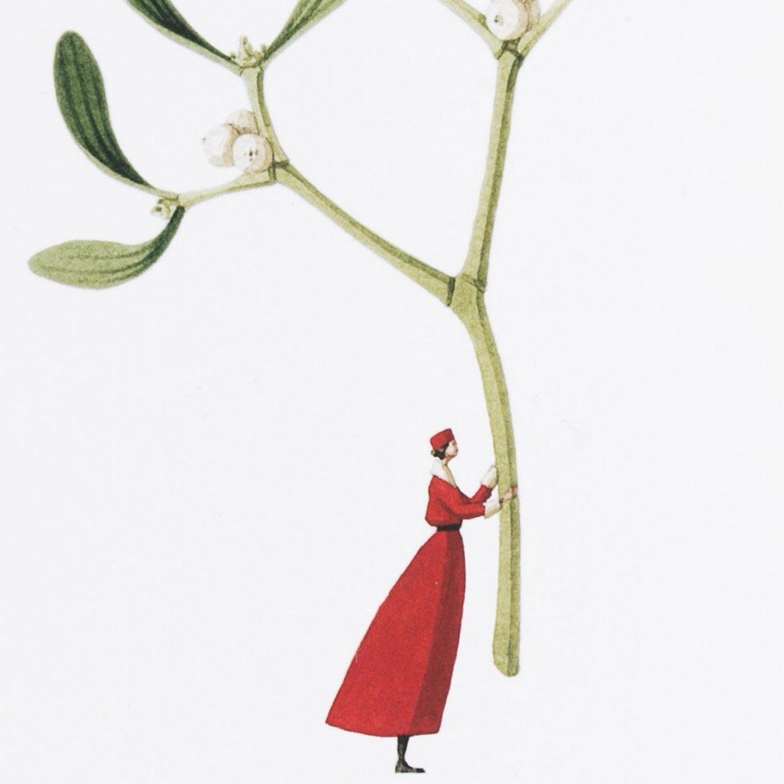 Christmas card featuring an illustration of a lady in a long red coat holding a giant stem of mistletoe.