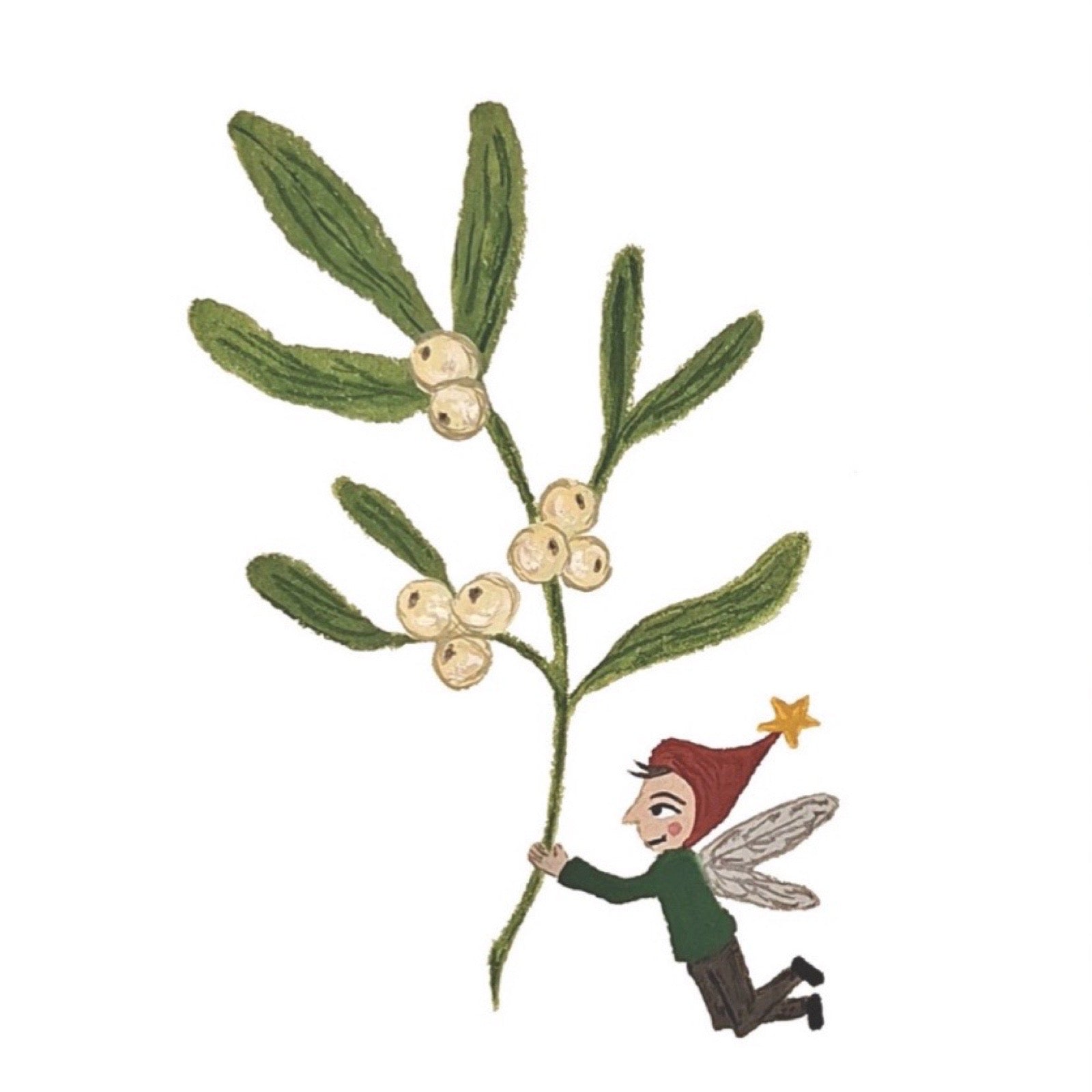 A whimsical illustration of a mistletoe branch with green leaves and cream-coloured berries, with a small fairy in a red hat  against a plain white background.