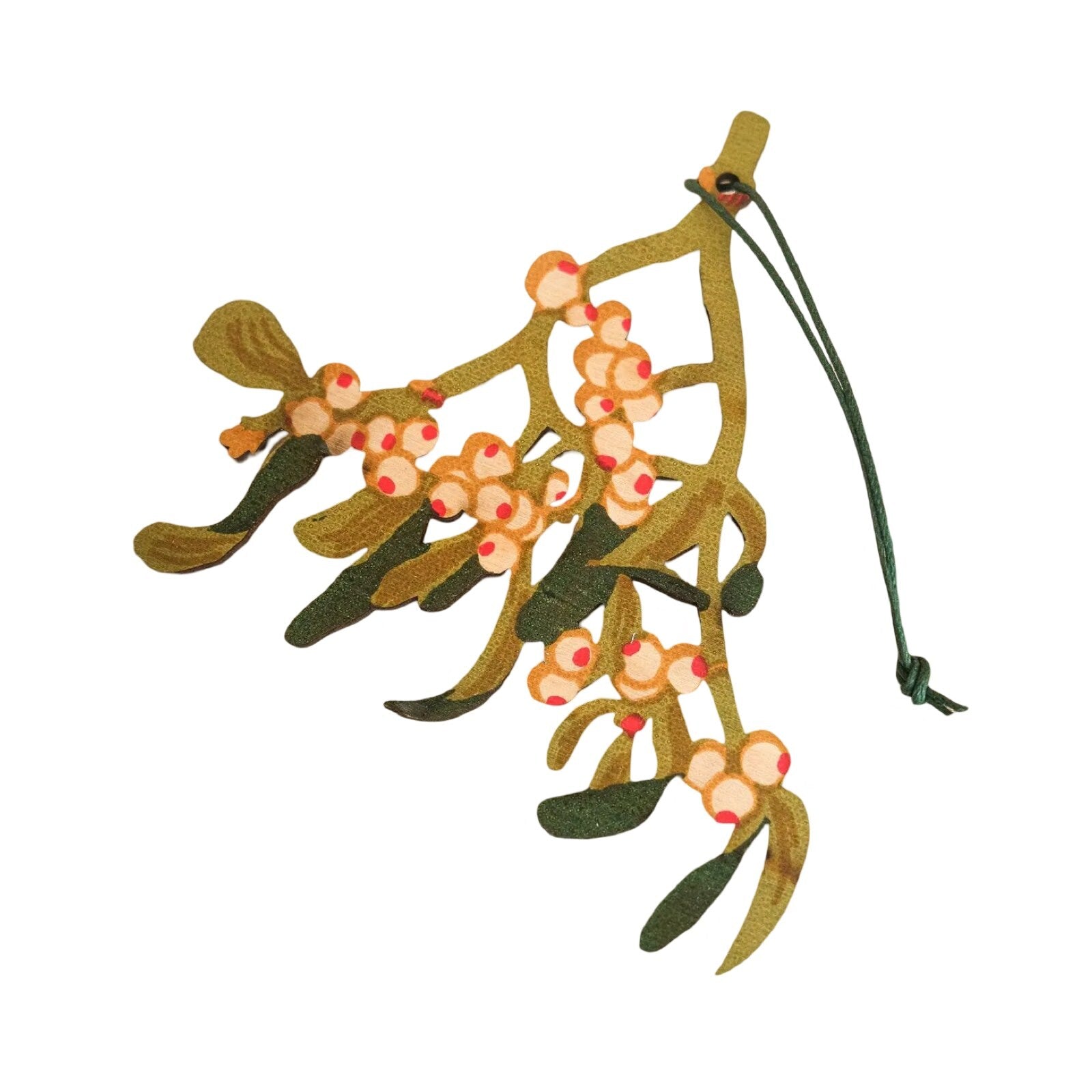 Wooden mistletoe Christmas decoration with green string for hanging.