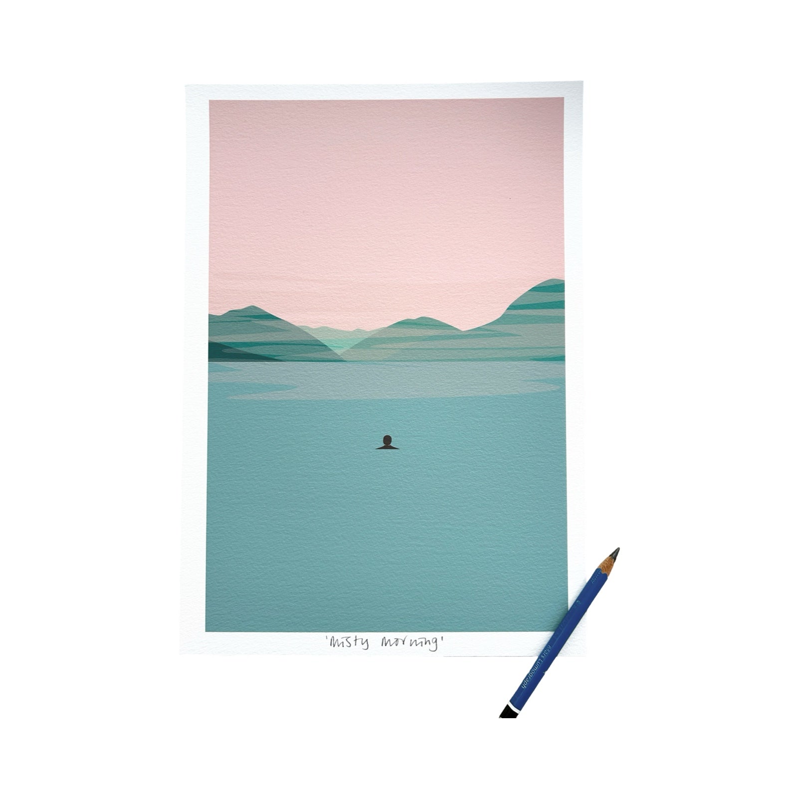 Mounted print featuring a swimmer out in the sea with the coastline in the distance. 