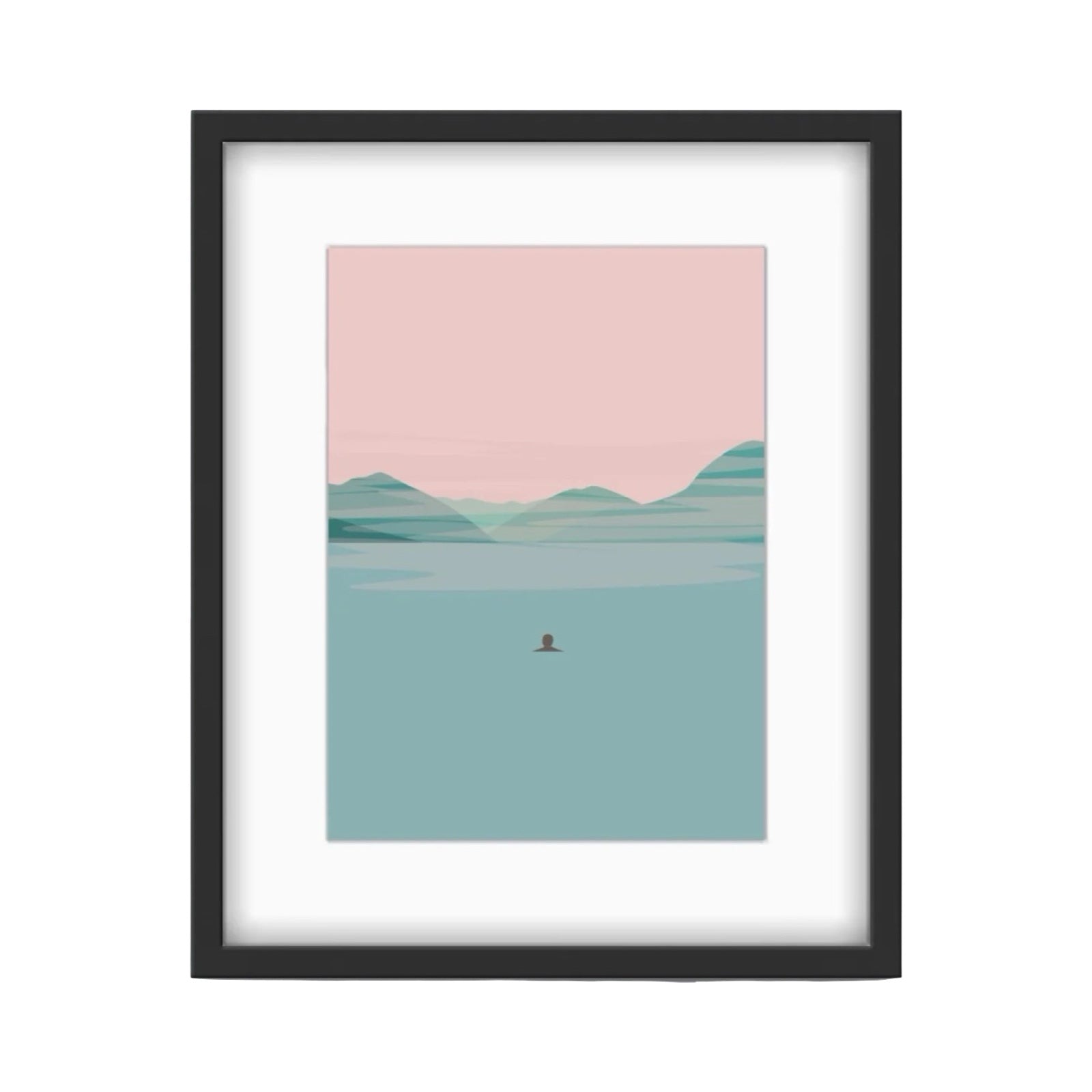 Mounted print featuring a swimmer out in the sea with the coastline in the distance. 