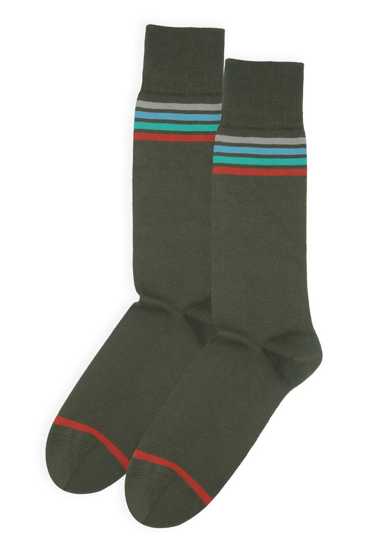 Pair of green socks with multicolored stripes on a white background.
