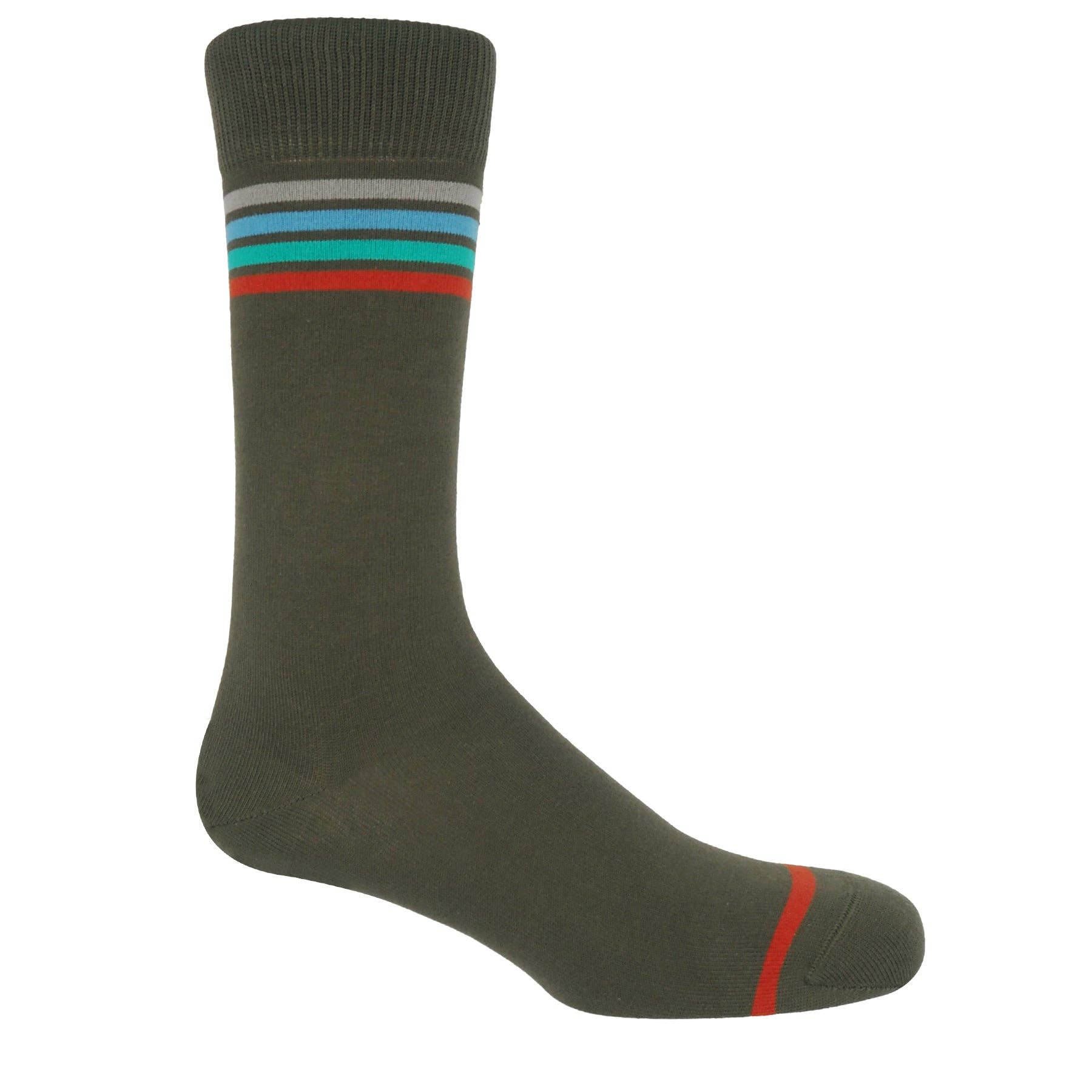 Green sock with colourful stripes on a white background.