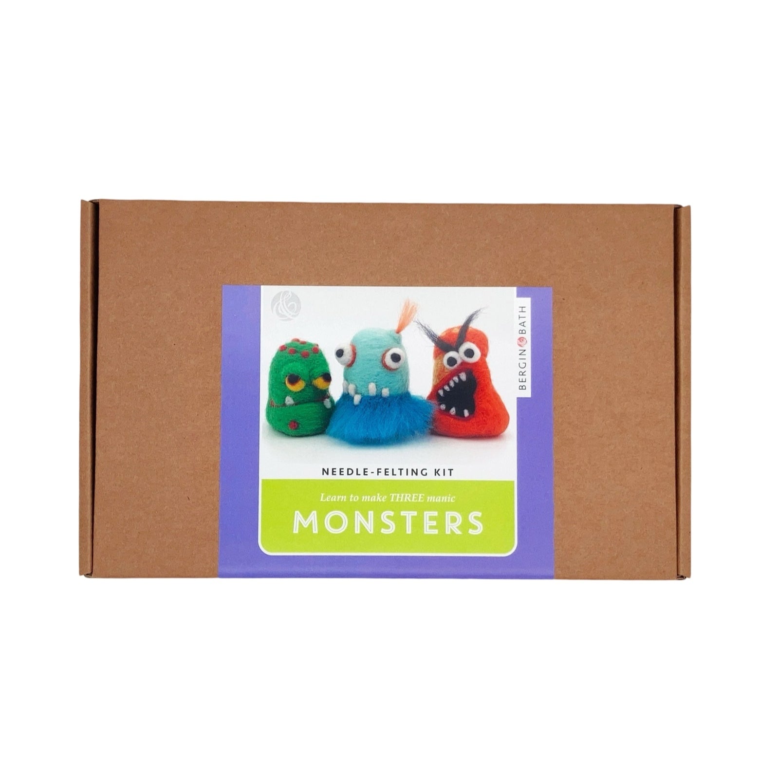 A brown box with a picture of three colourful felted monsters