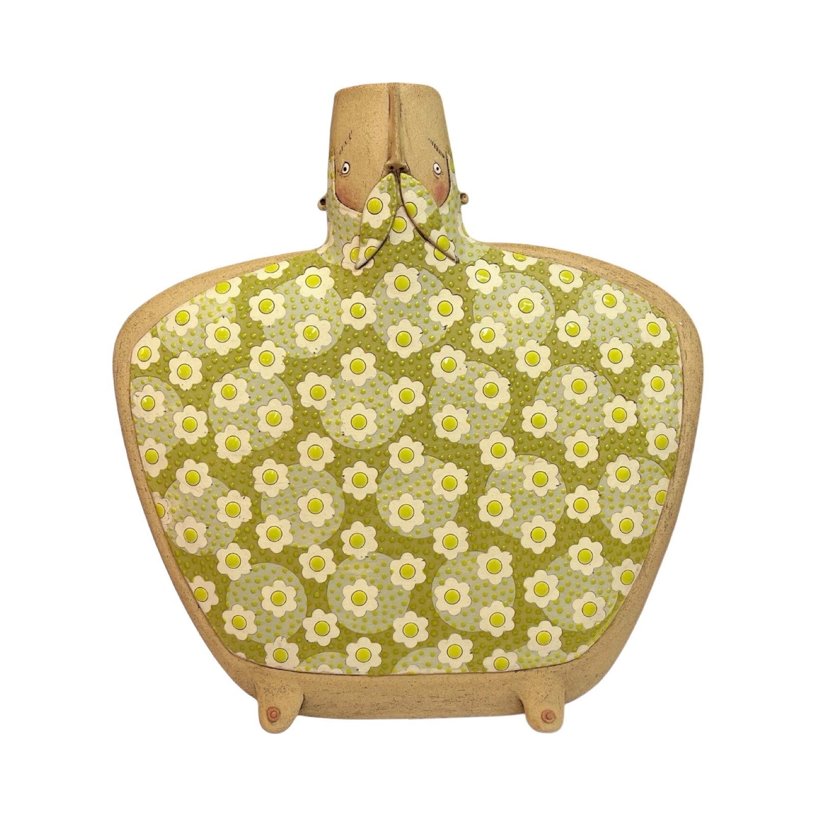 This moustache-faced vase with broad shoulders and moobs is handmade, green flowers front.