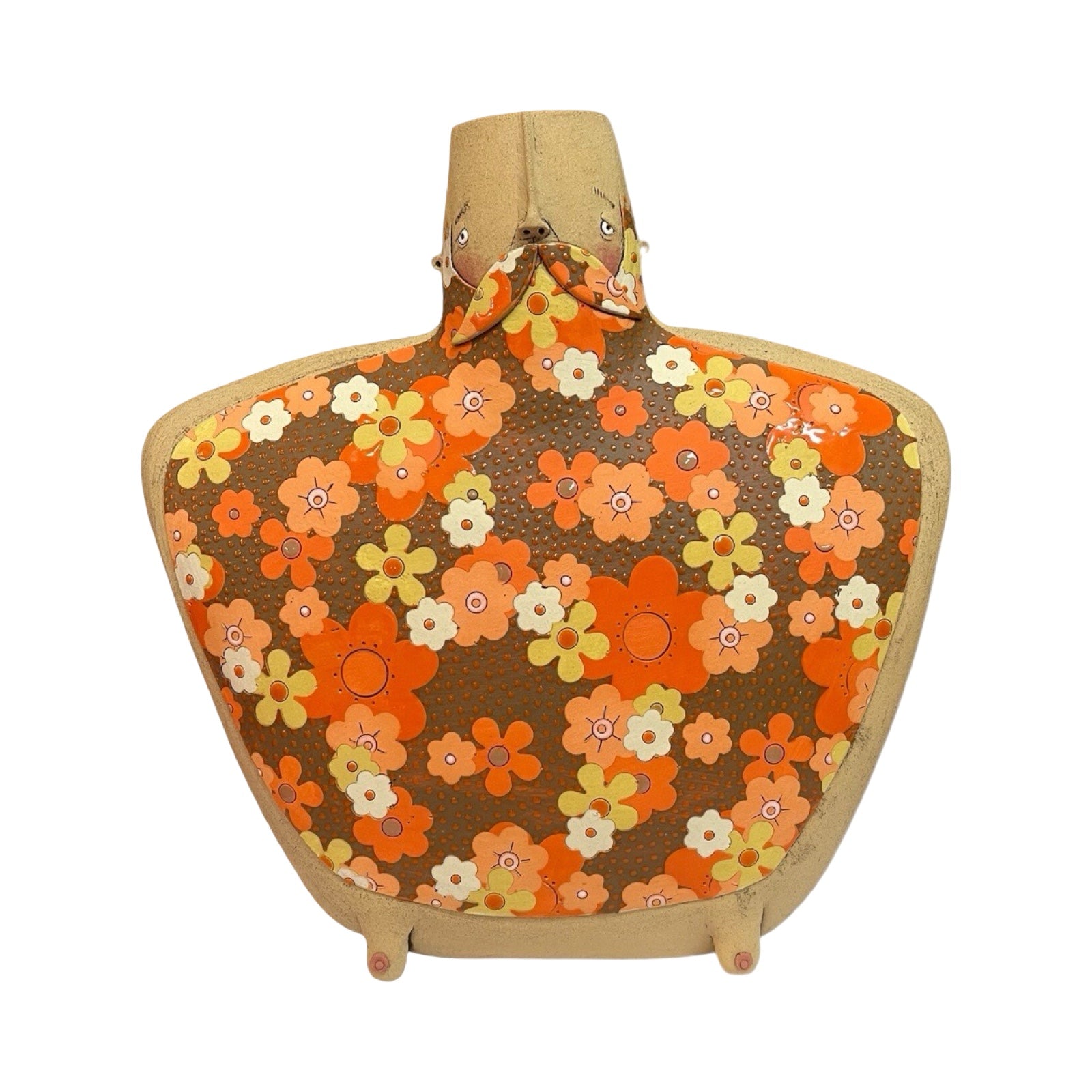 This moustache-faced vase with broad shoulders and moobs is handmade, orange flowers.