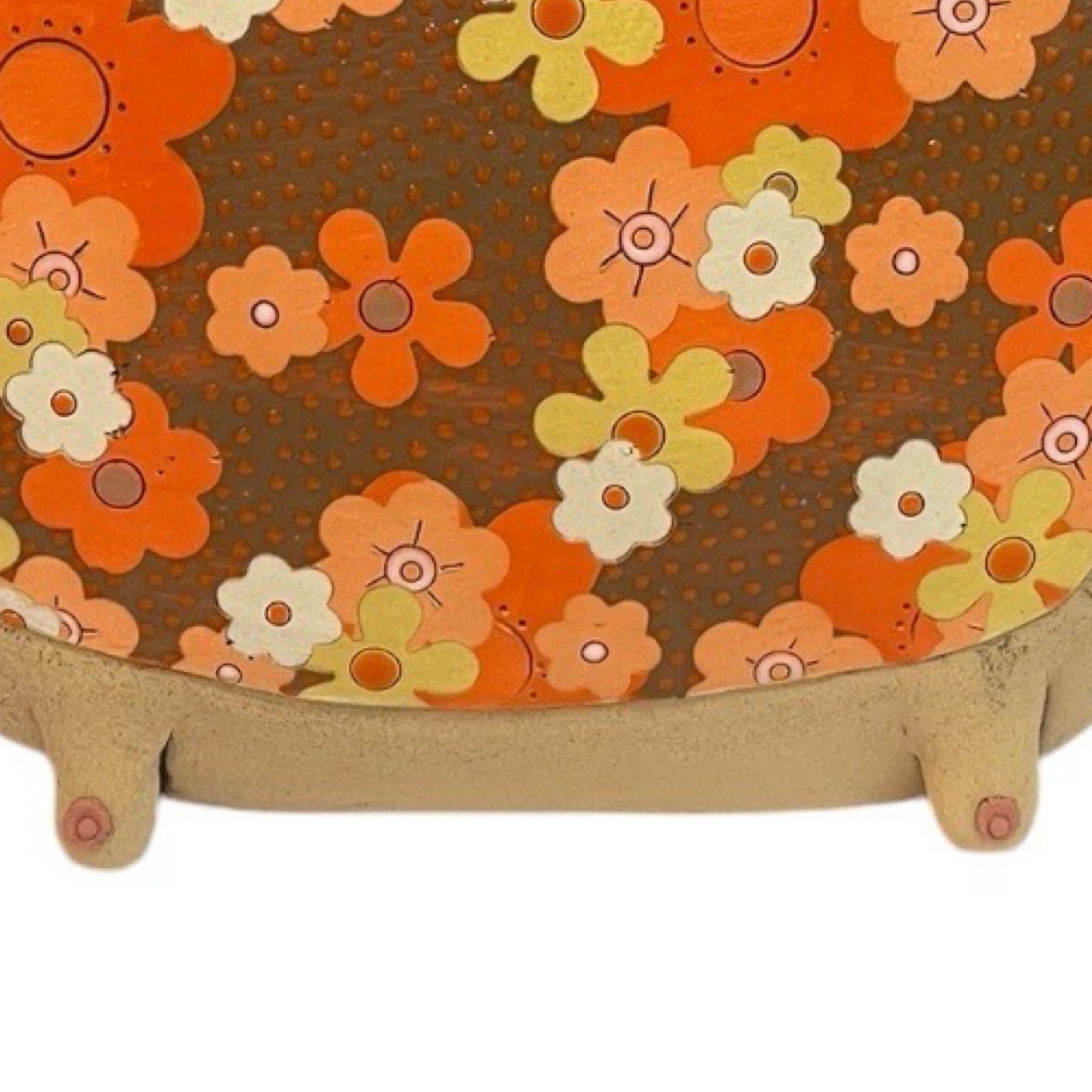 This moustache-faced vase with broad shoulders and moobs is handmade, orange flowers