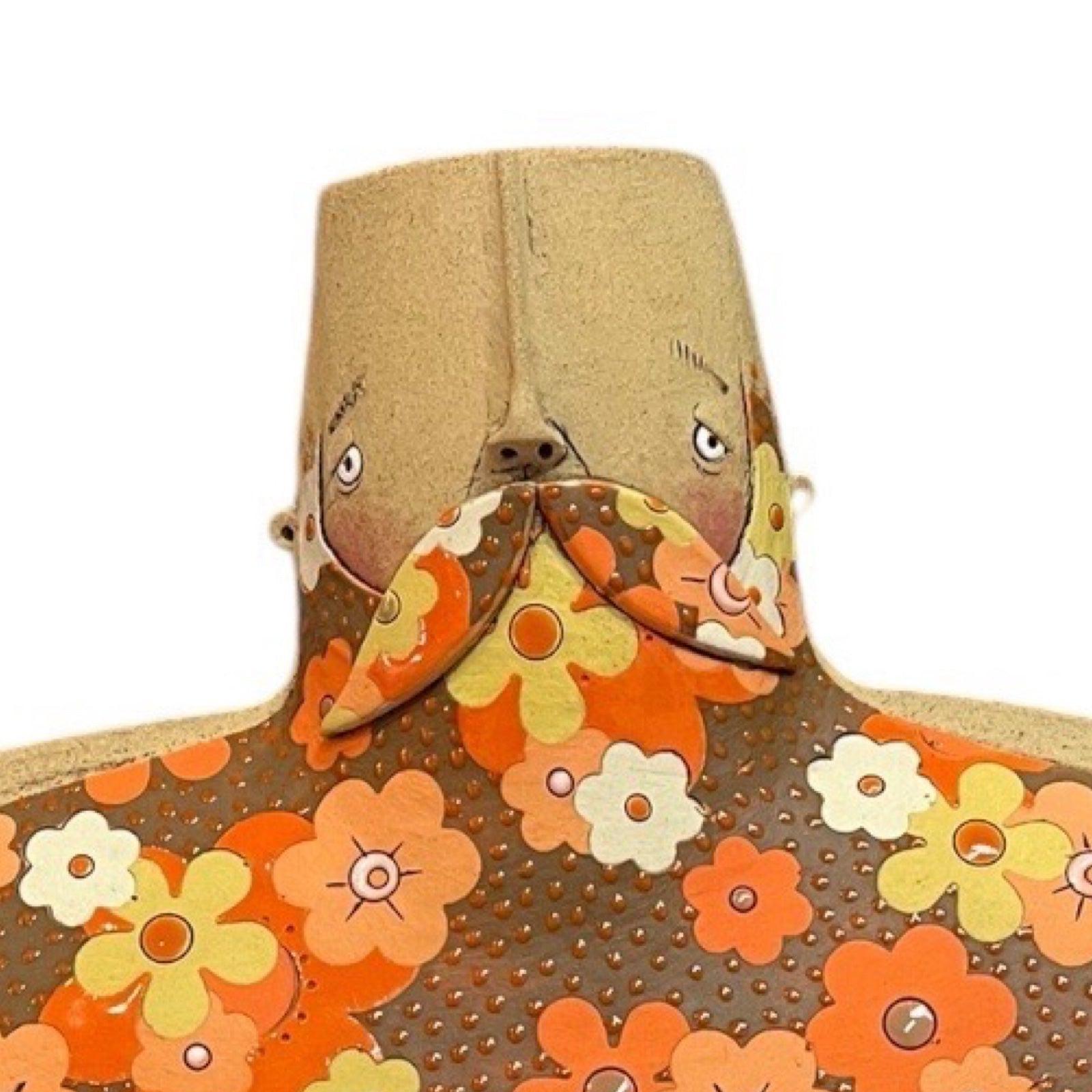 This moustache-faced vase with broad shoulders and moobs is handmade, orange flowers.