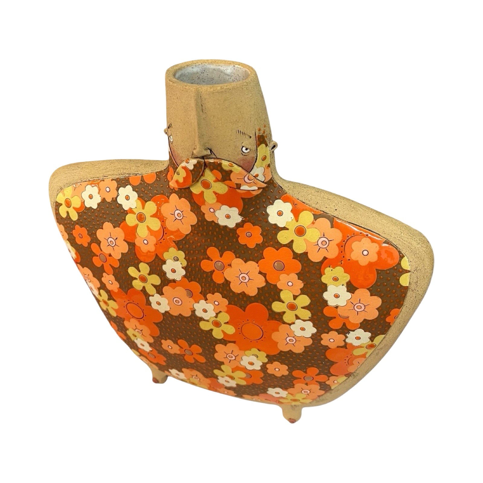This moustache-faced vase with broad shoulders and moobs is handmade, orange flowers.