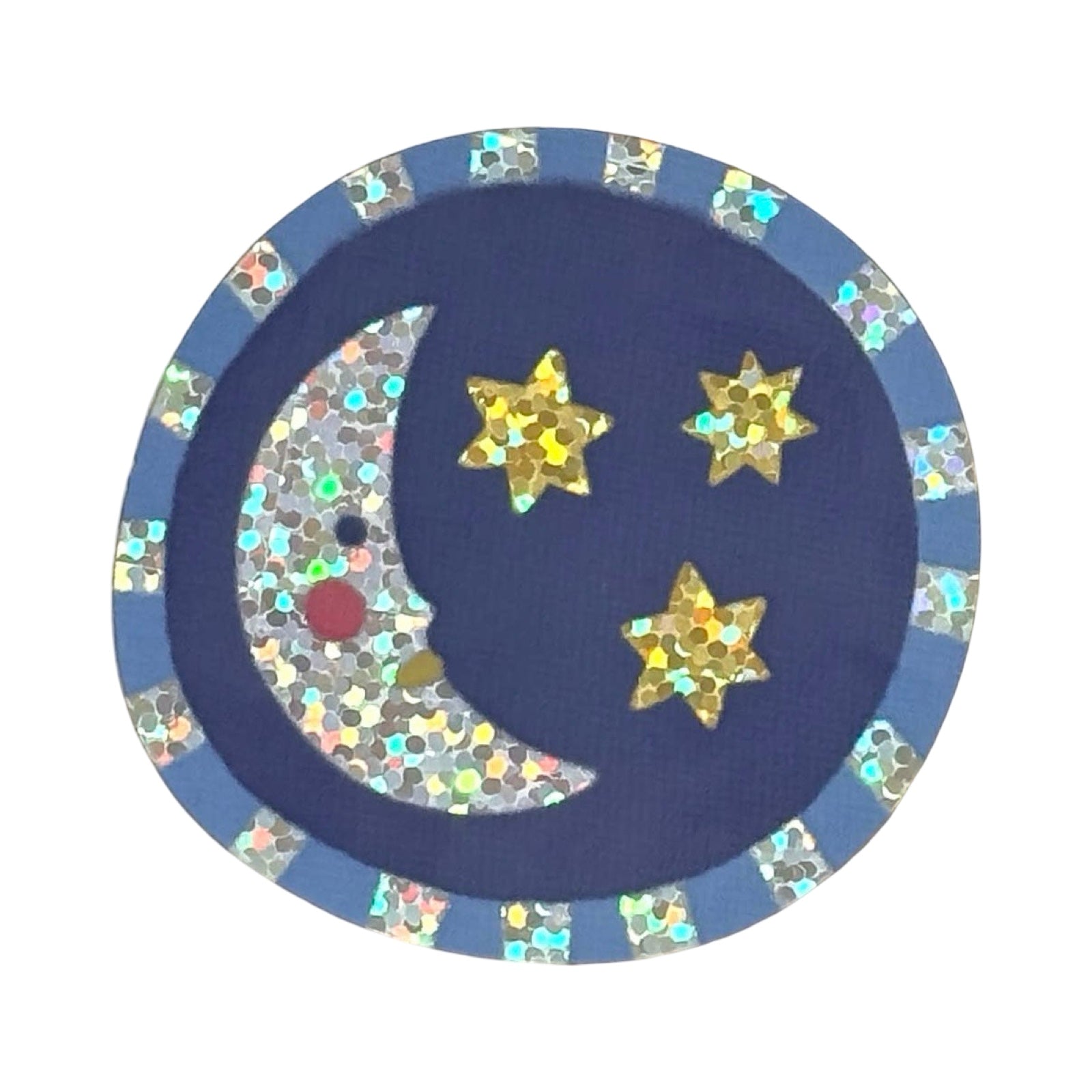 A circular sticker featuring a navy blue background with a glittery silver crescent moon and three glittery gold stars, surrounded by a blue and silver glitter border.