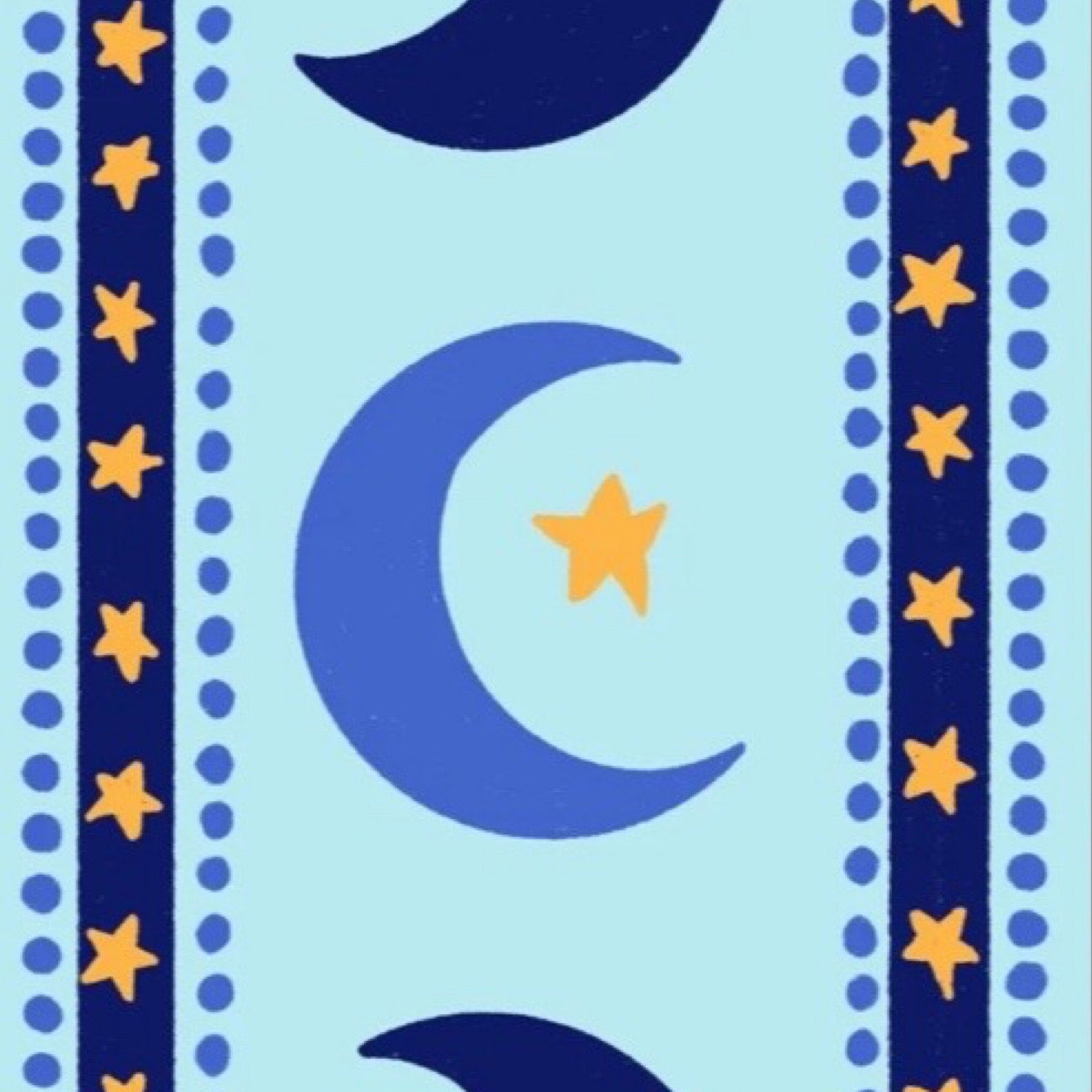 This gorgeous rectangular print features three moons in the centre surrounded by a navy border against a pale blue background. 