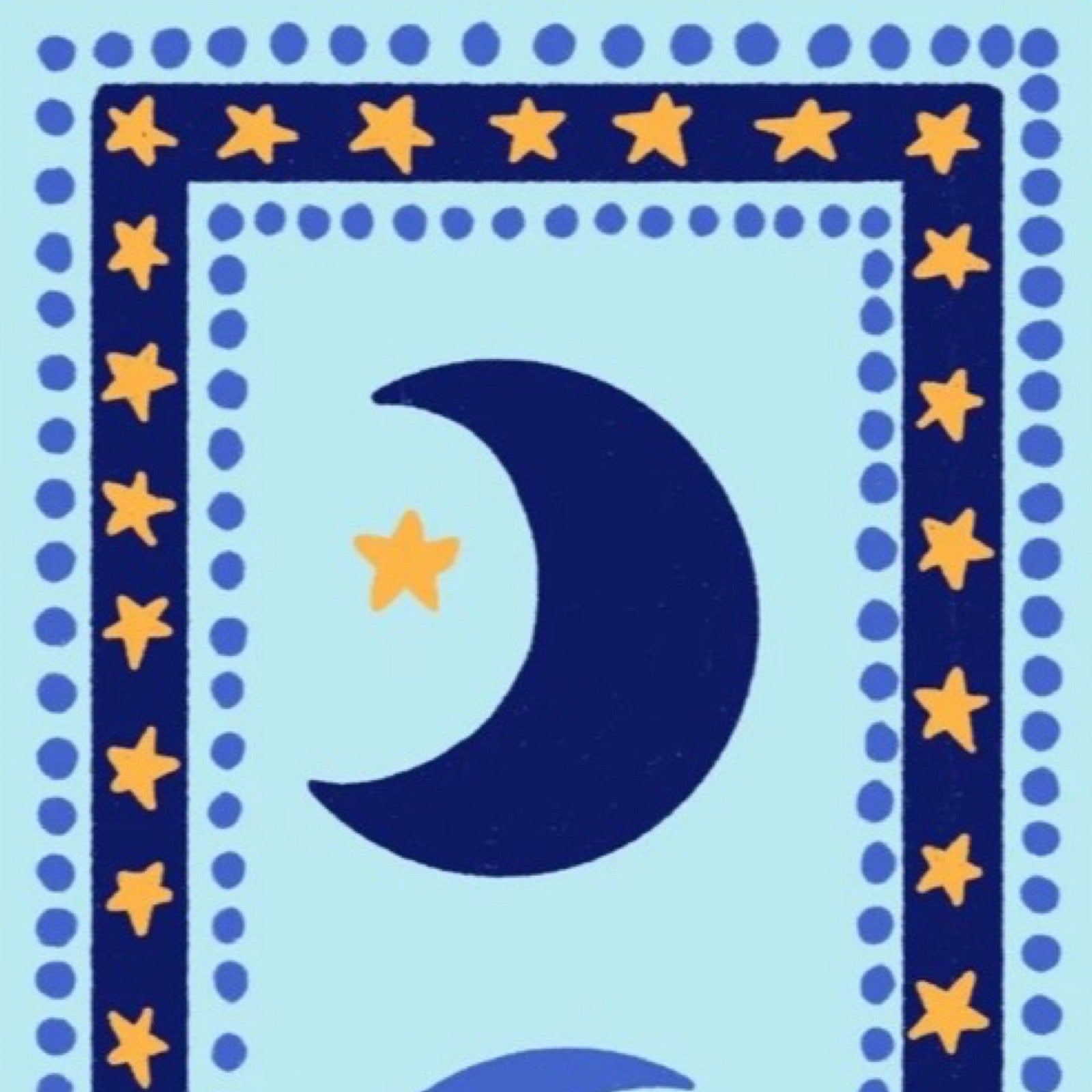 This gorgeous rectangular print features three moons in the centre surrounded by a navy border against a pale blue background. 
