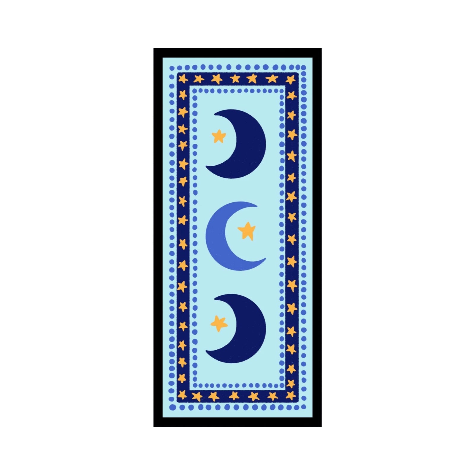 This gorgeous rectangular print features three moons in the centre surrounded by a navy border against a pale blue background. 